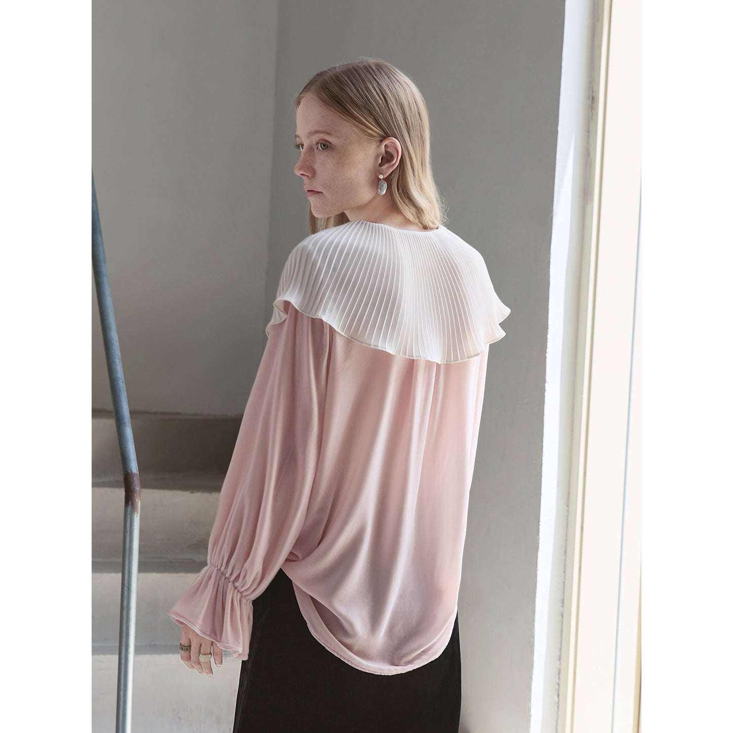 Mist Pink 100% Silk Lace Trim Long Sleeve Blouse V001