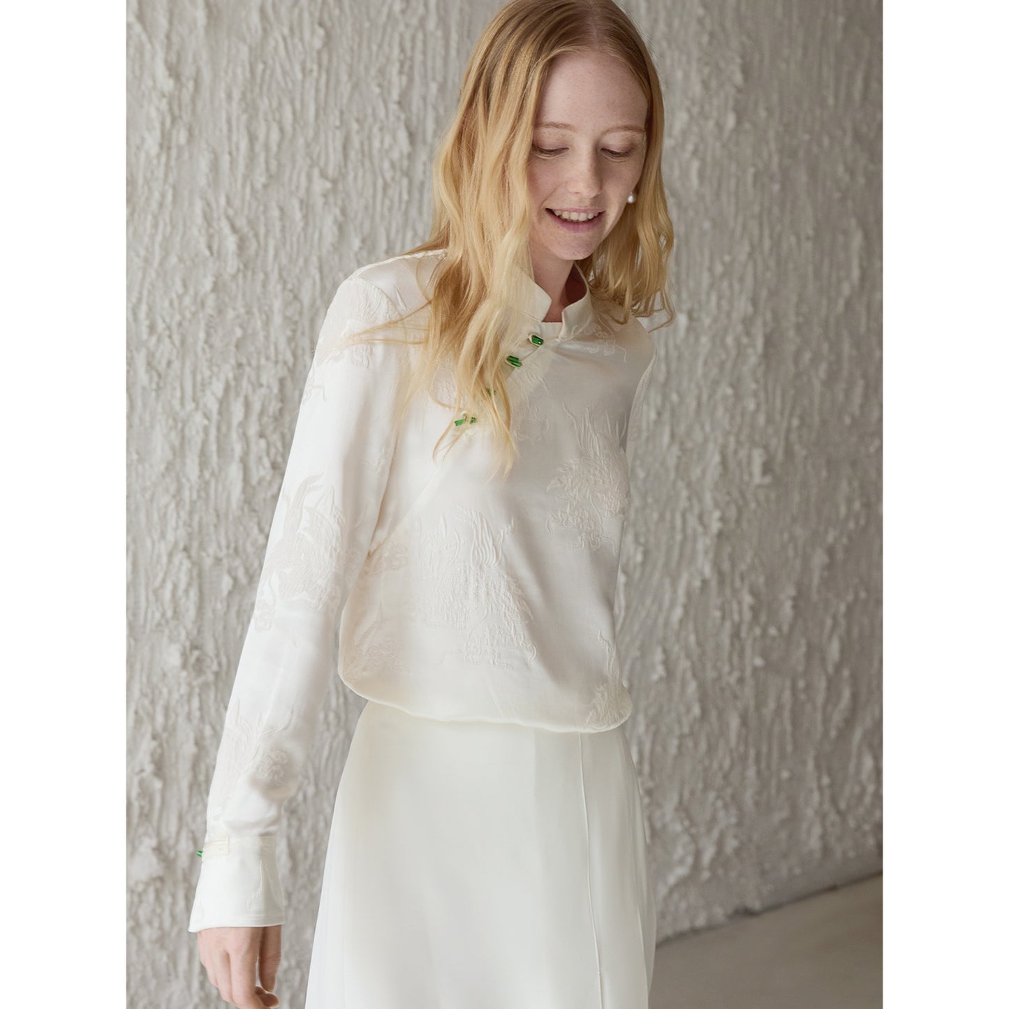 Ivory White 100% Silk Jacquard Blouse with Mandarin Collar & Knot Buttons V003