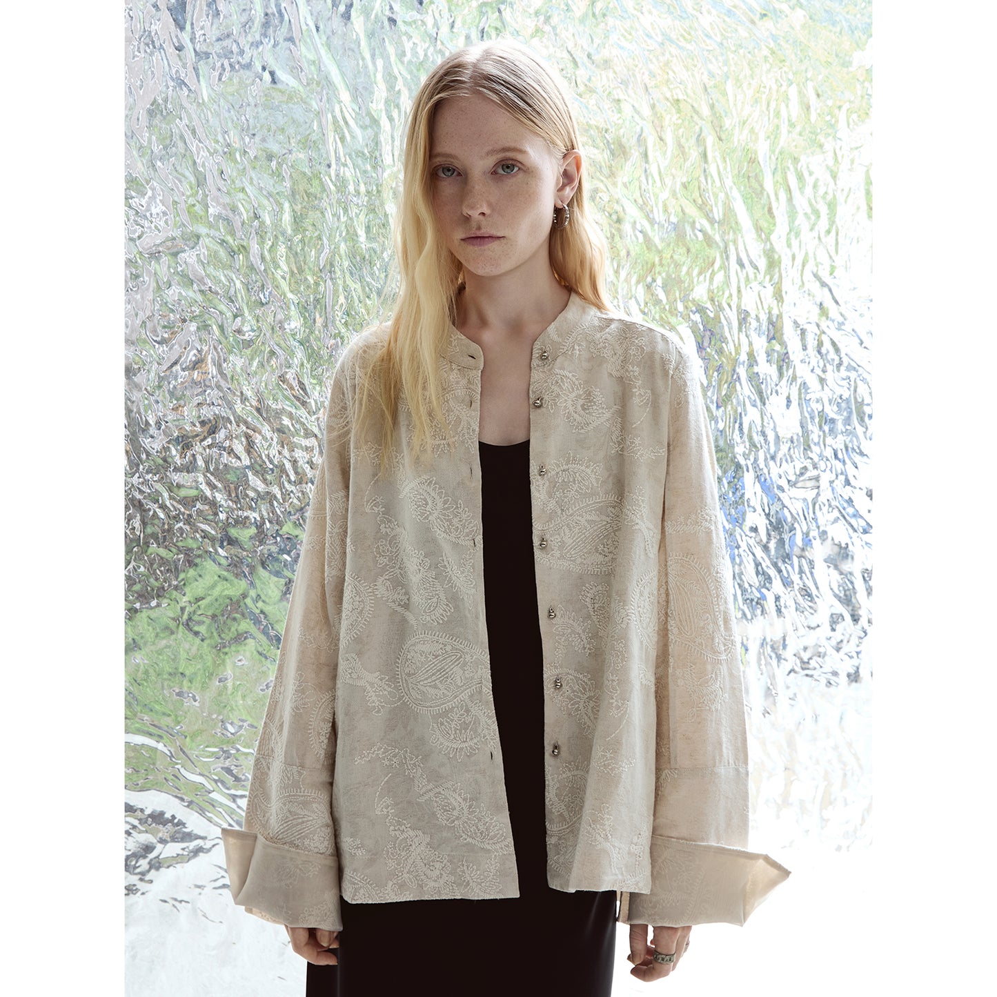 Linen-Cotton Jacquard Mandarin Collar Jacket V005