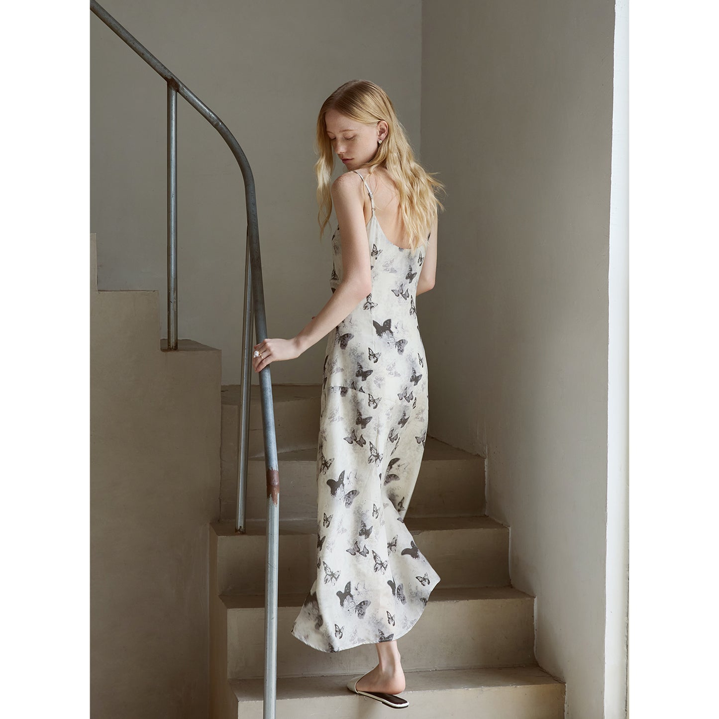 Silk Butterfly Print Slip Dress V007