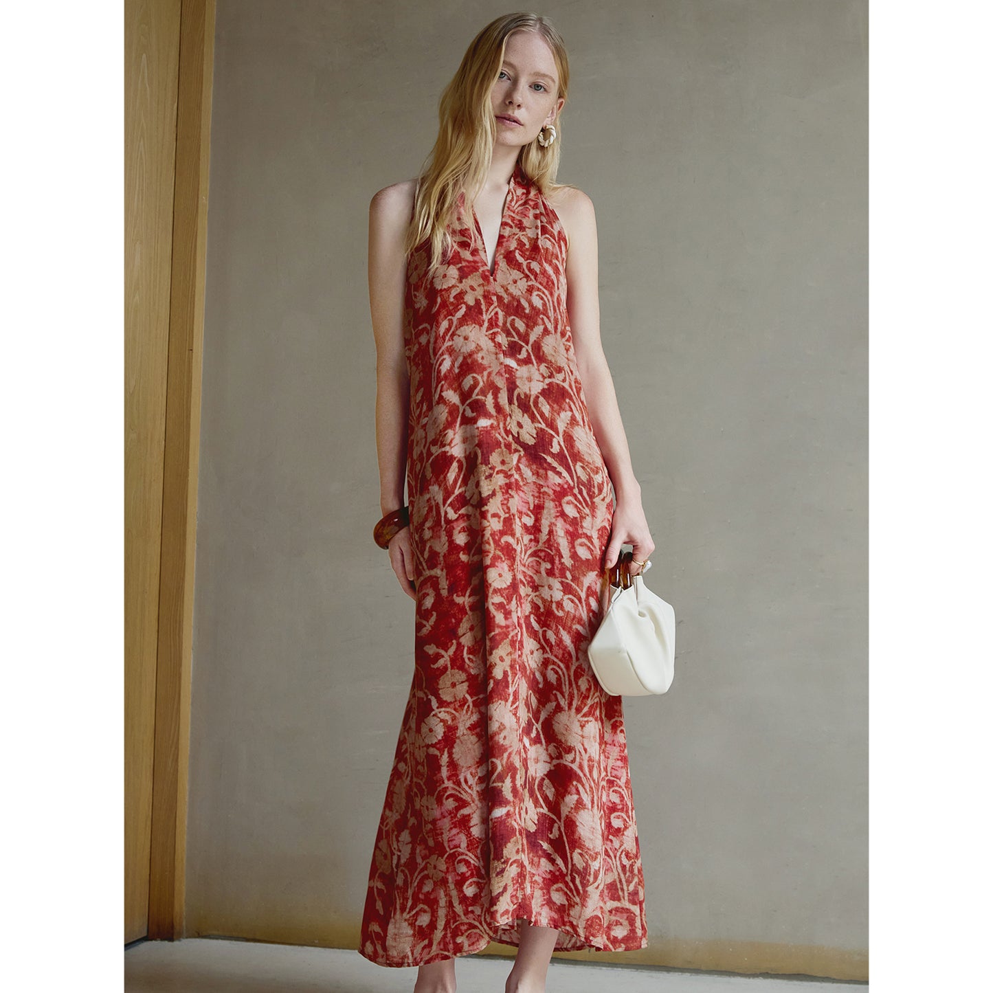 Silk Floral Halter Maxi Dress V009