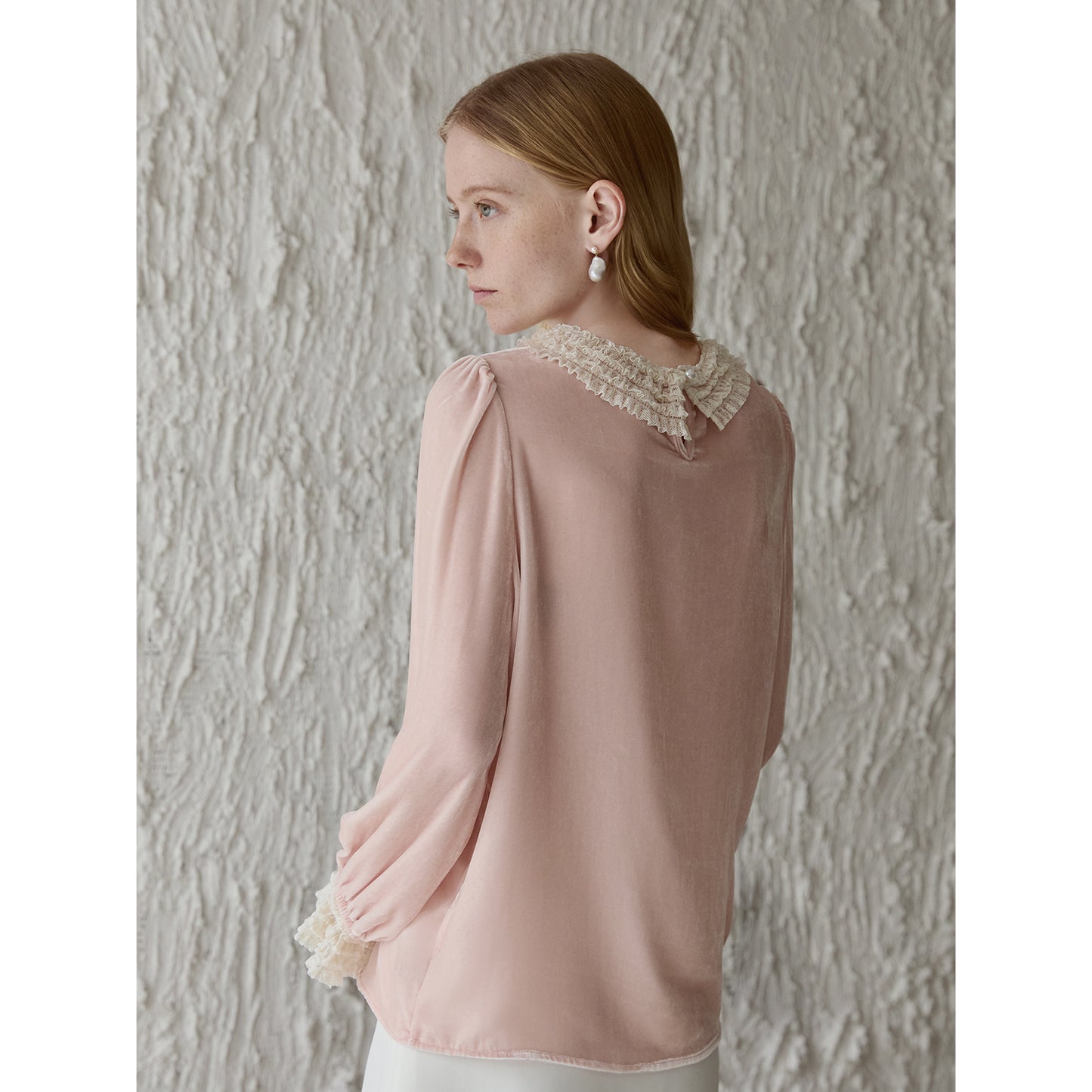 Mist Pink 100% Silk Lace Trim Long Sleeve Blouse V002