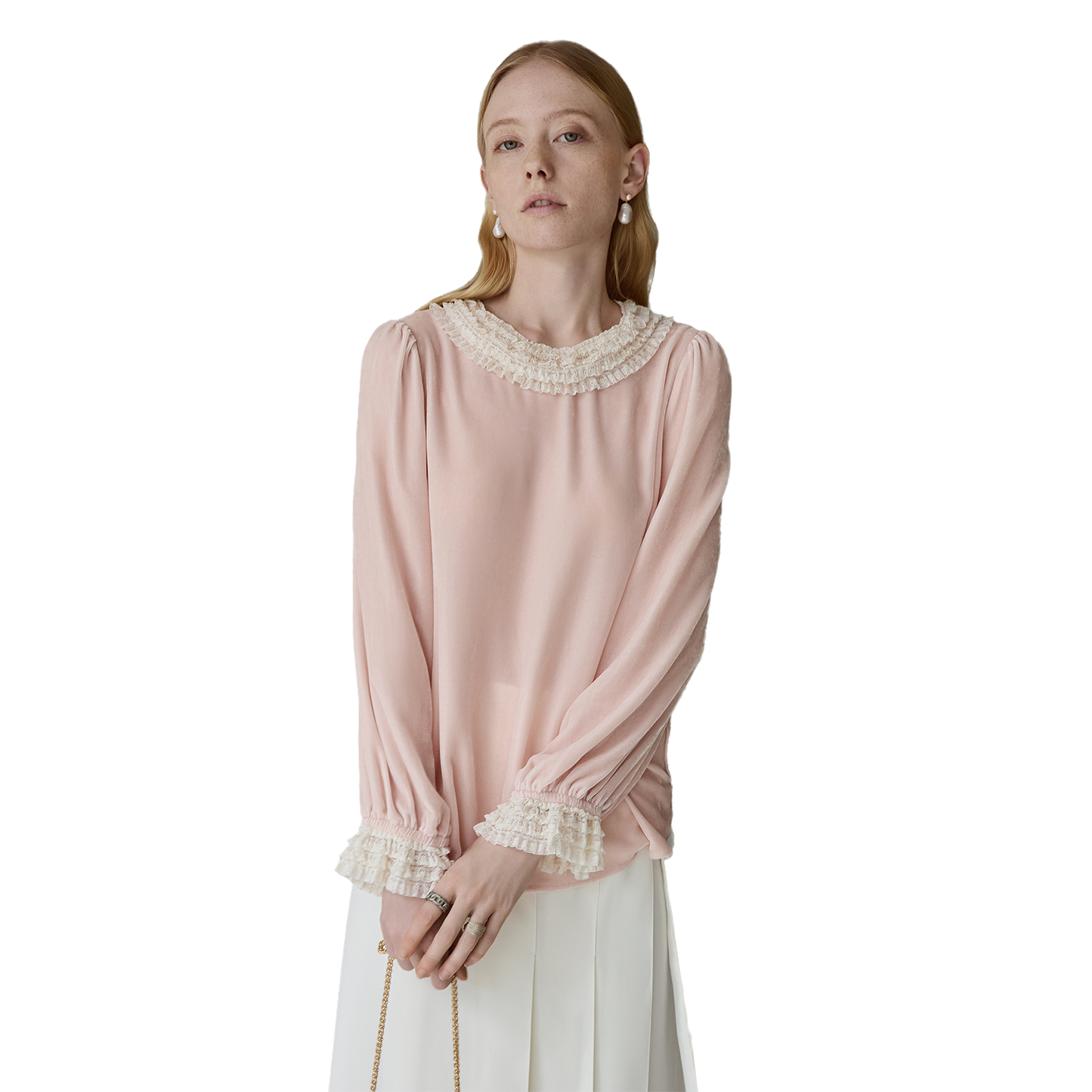 Mist Pink 100% Silk Lace Trim Long Sleeve Blouse V002