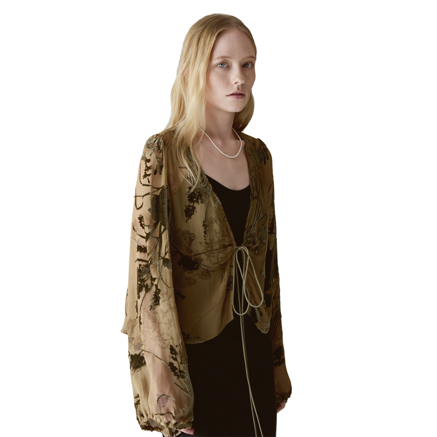 Sheer Silk Embroidered Tie Blouse V006