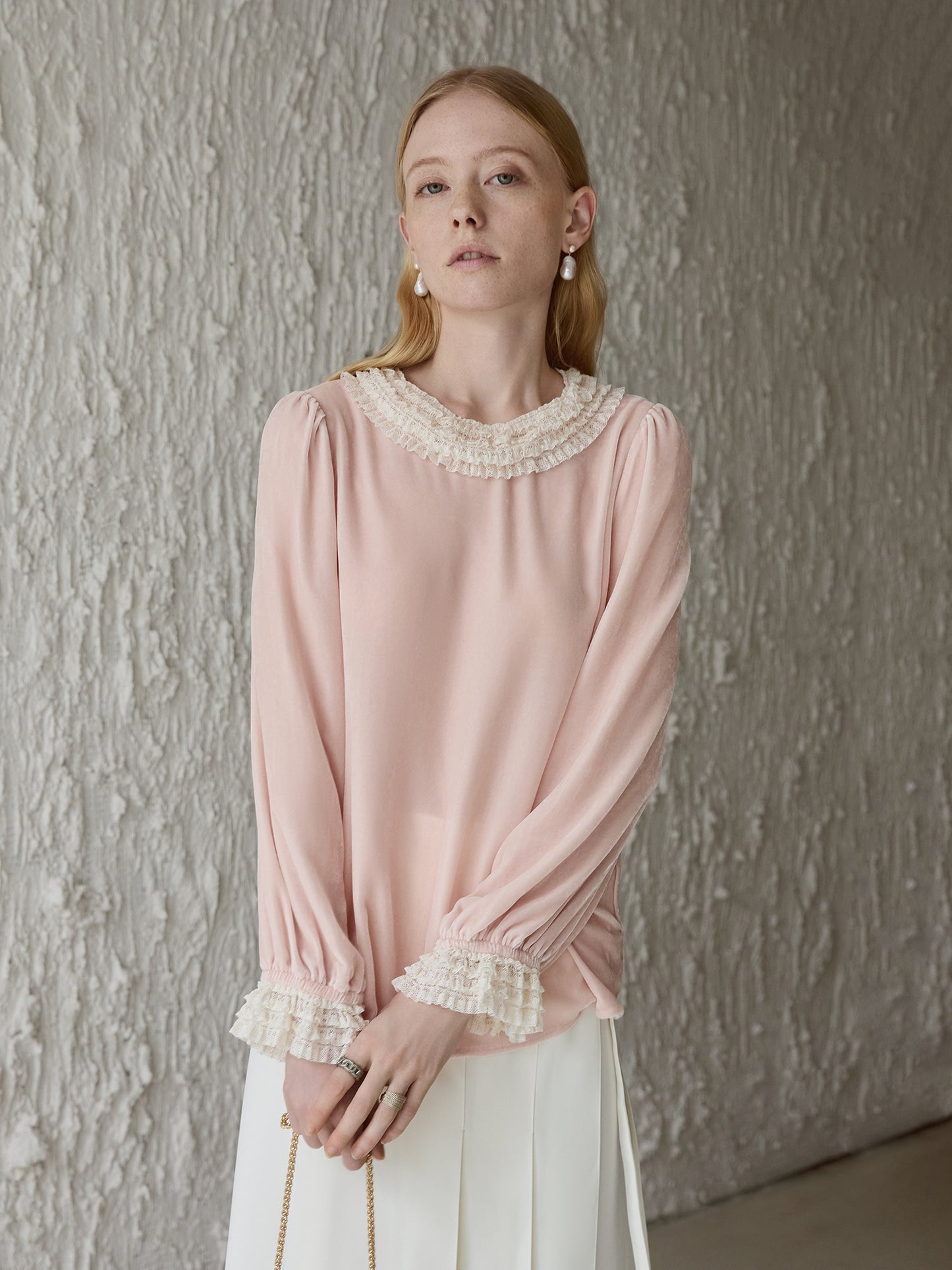 Mist Pink 100% Silk Lace Trim Long Sleeve Blouse V002
