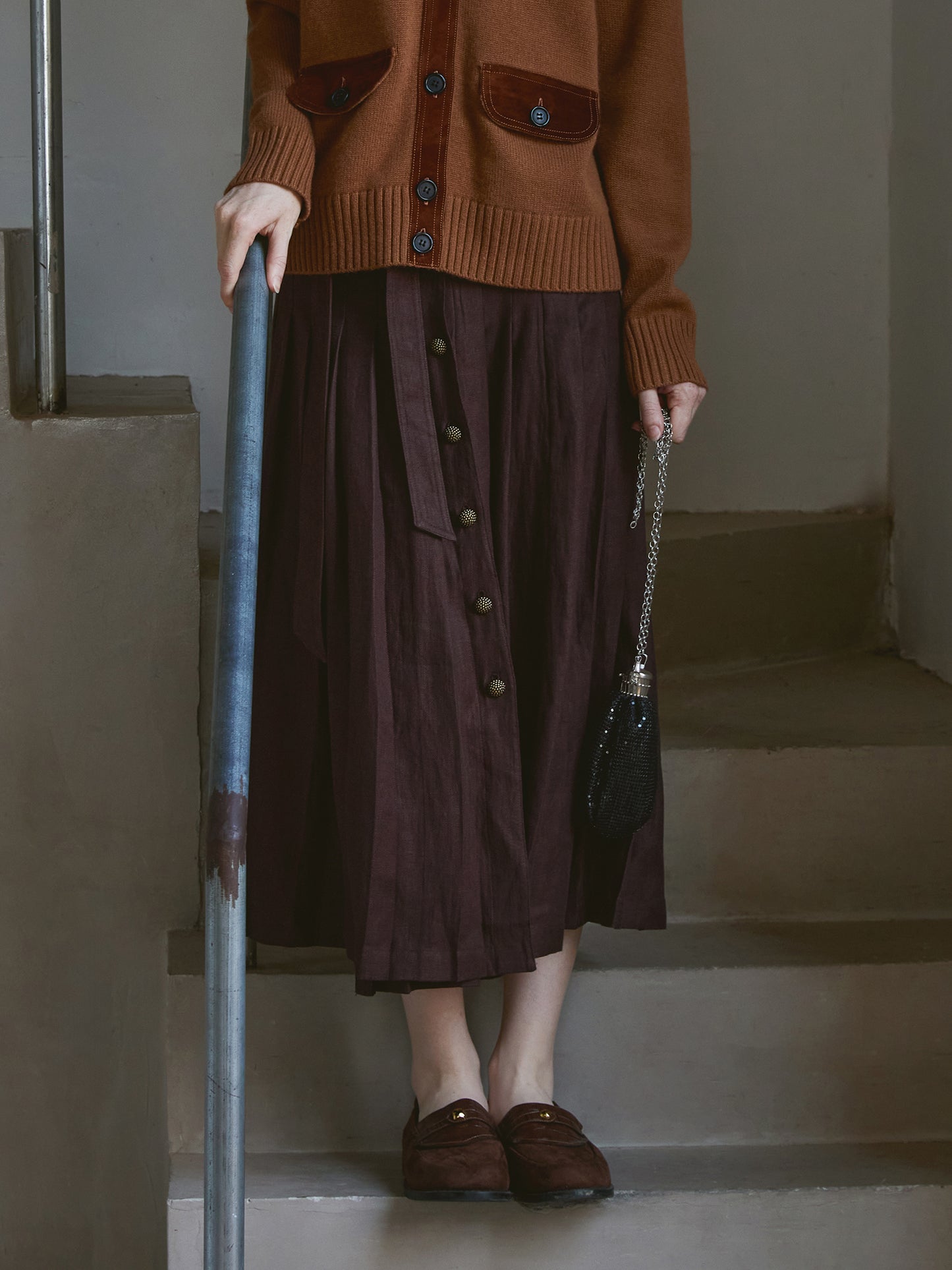 100% Linen Pleated Midi Skirt – High-Waist, Tie-Belt, Button-Front, Caramel Coffee V027