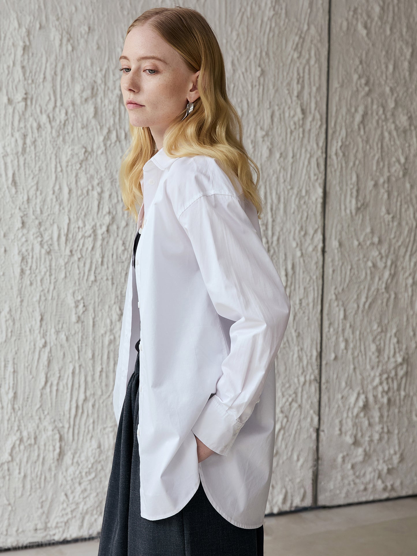 Cotton Oversized Shirt — Long-Point Collar, Curved Hi-Low Hem, Bright White V028