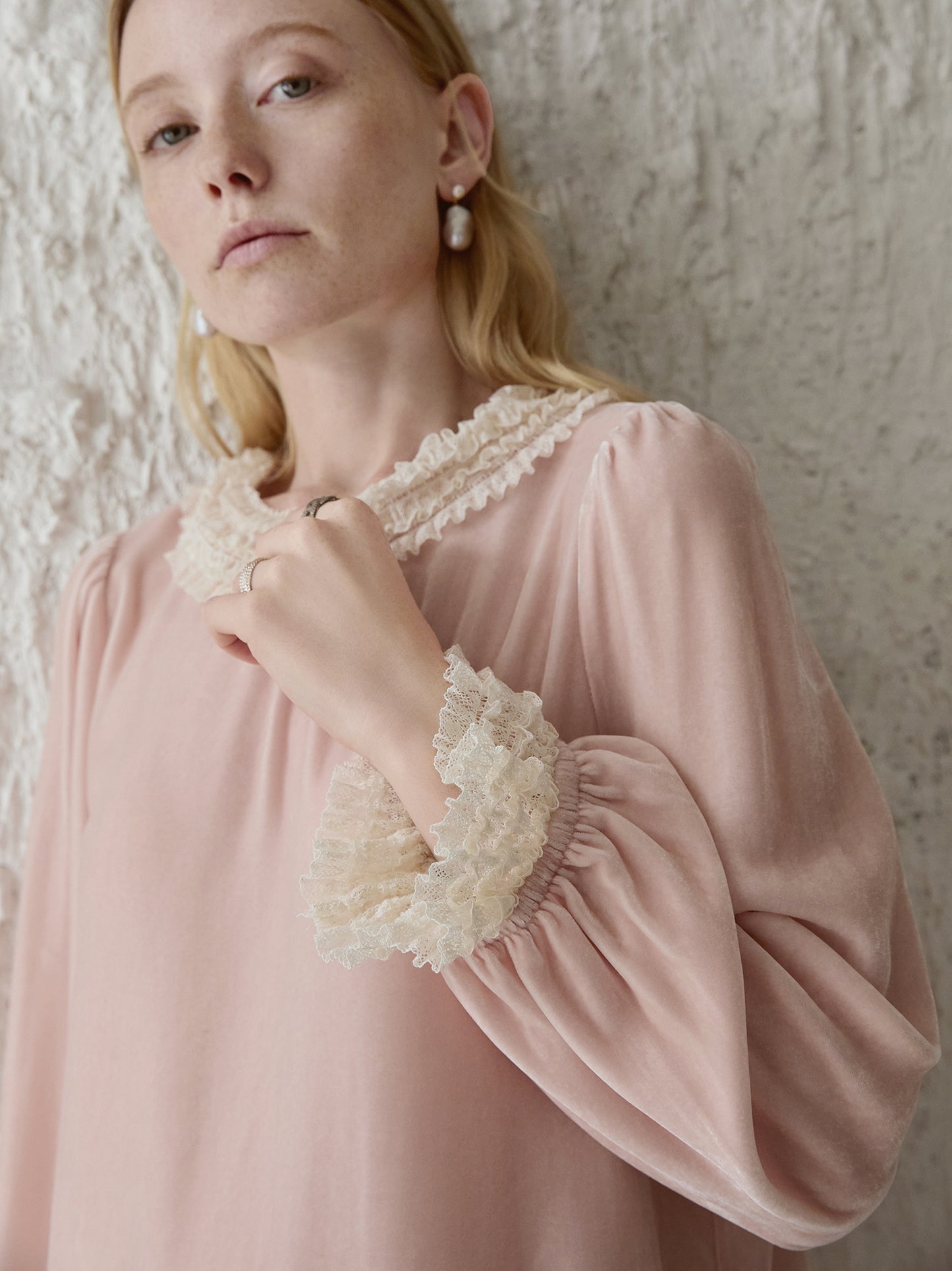 Mist Pink 100% Silk Lace Trim Long Sleeve Blouse V002