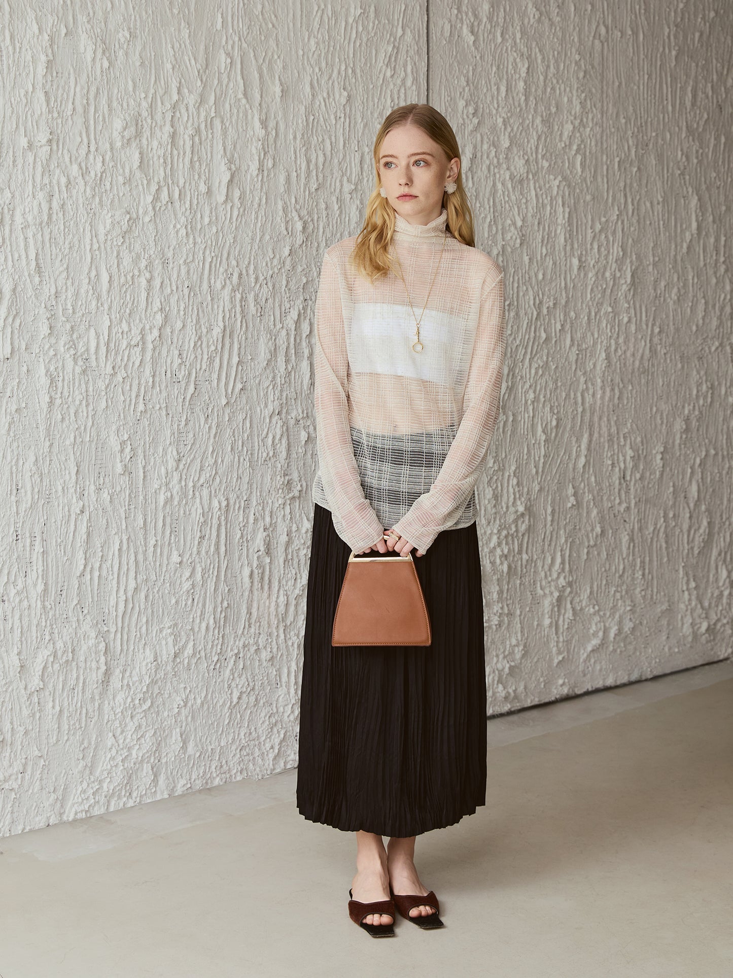 Crinkle Pleated Midi Skirt – High-Waist, Double-Layer, Paper-Crush Texture, Night Black V026