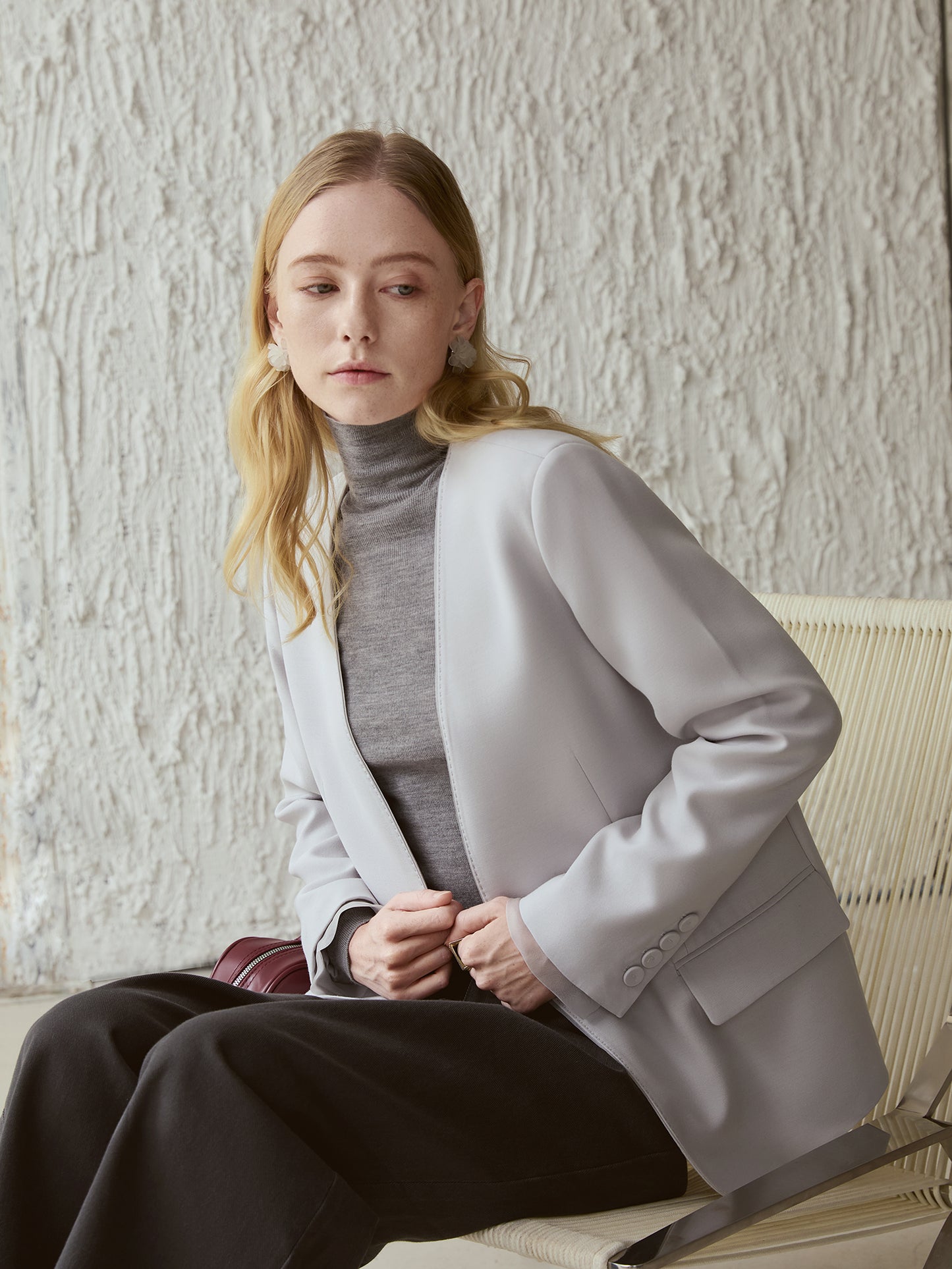 Luxury Silk-Cashmere Blazer – Cutaway Open Front, 100% Silk Facing | Moon-Grey V017