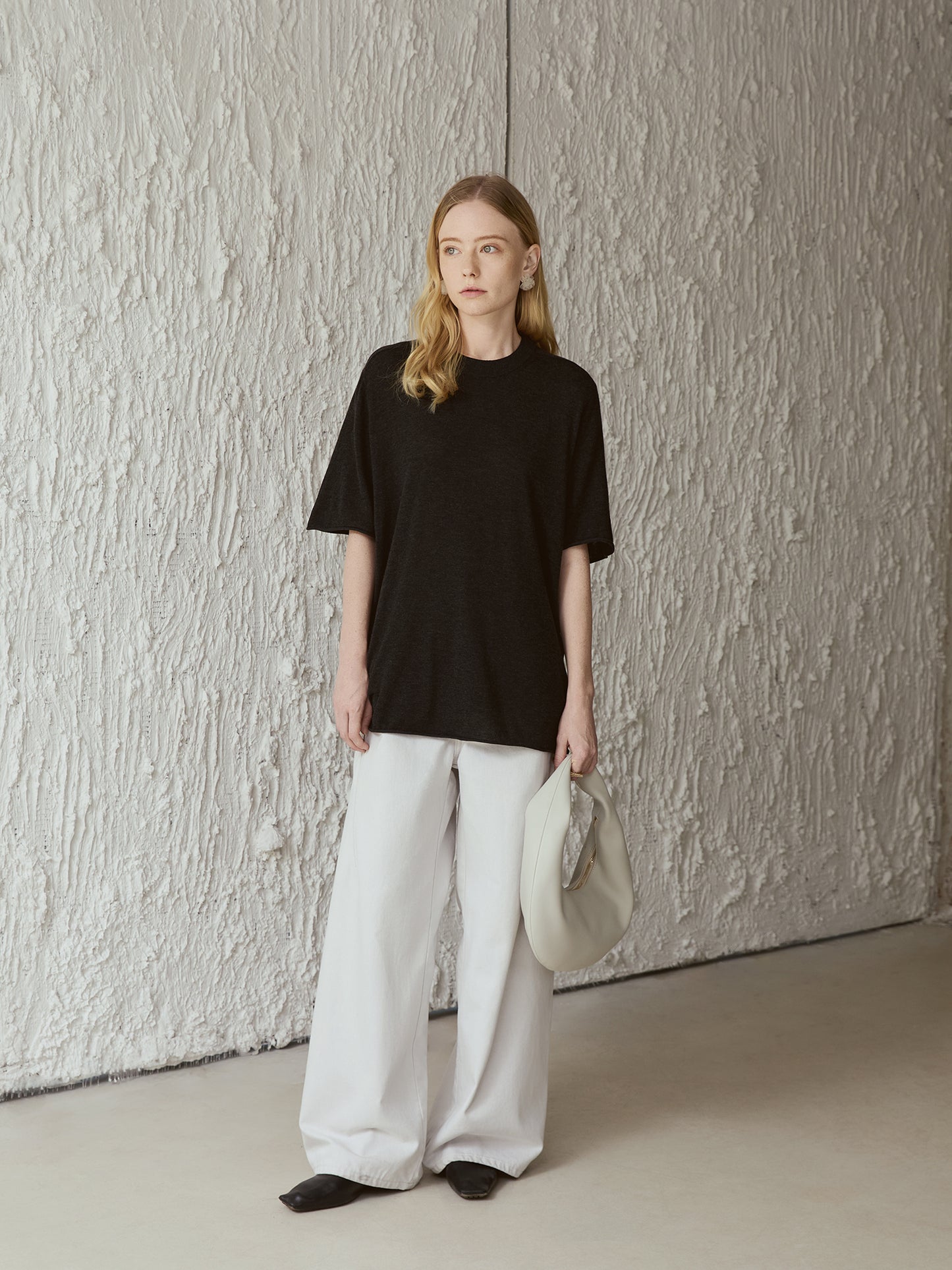 Wool-Blend Boxy Knit Tee – Drop Shoulder, Half Sleeve | Mist Grey V016