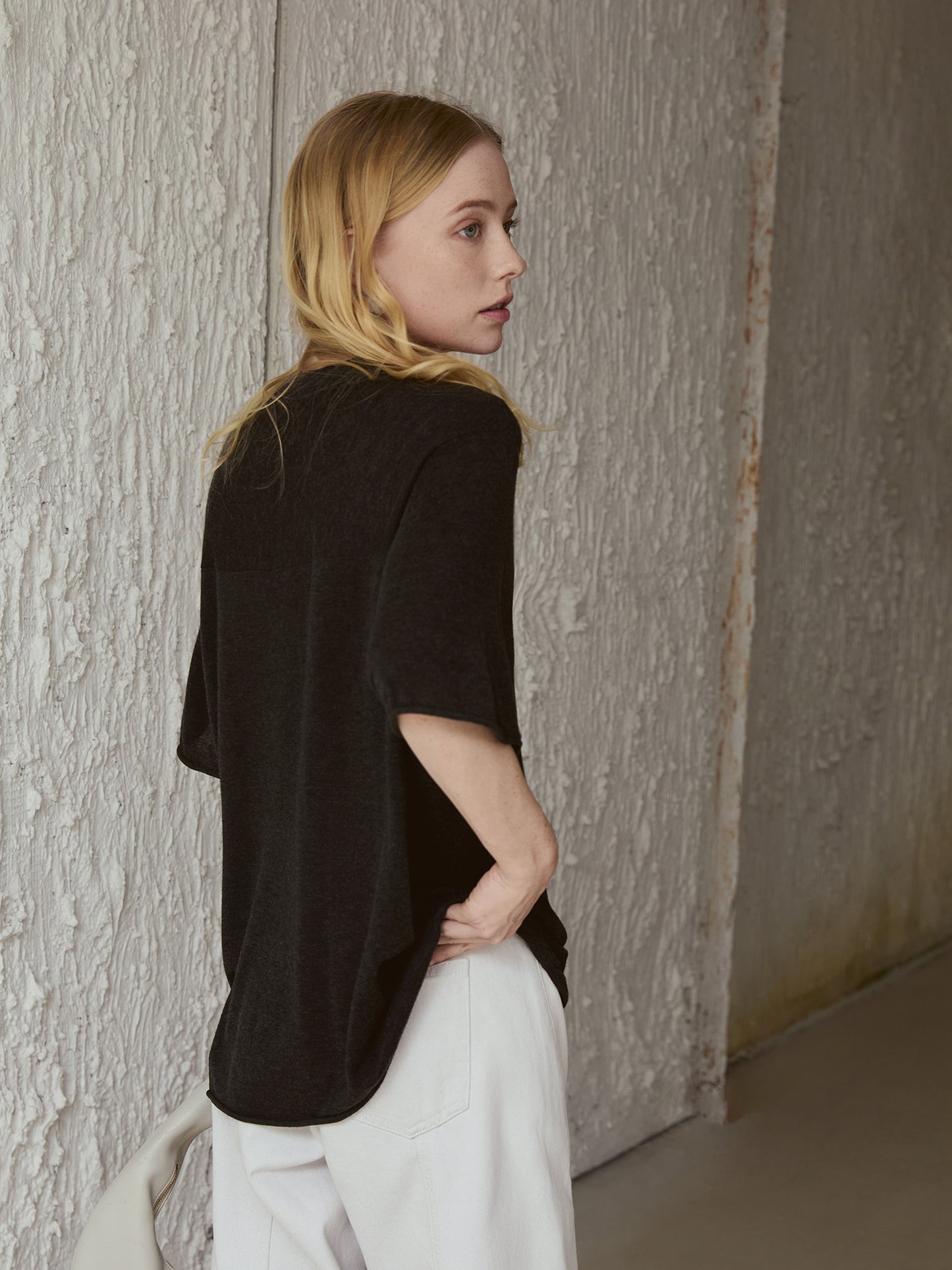 Wool-Blend Boxy Knit Tee – Drop Shoulder, Half Sleeve | Mist Grey V016
