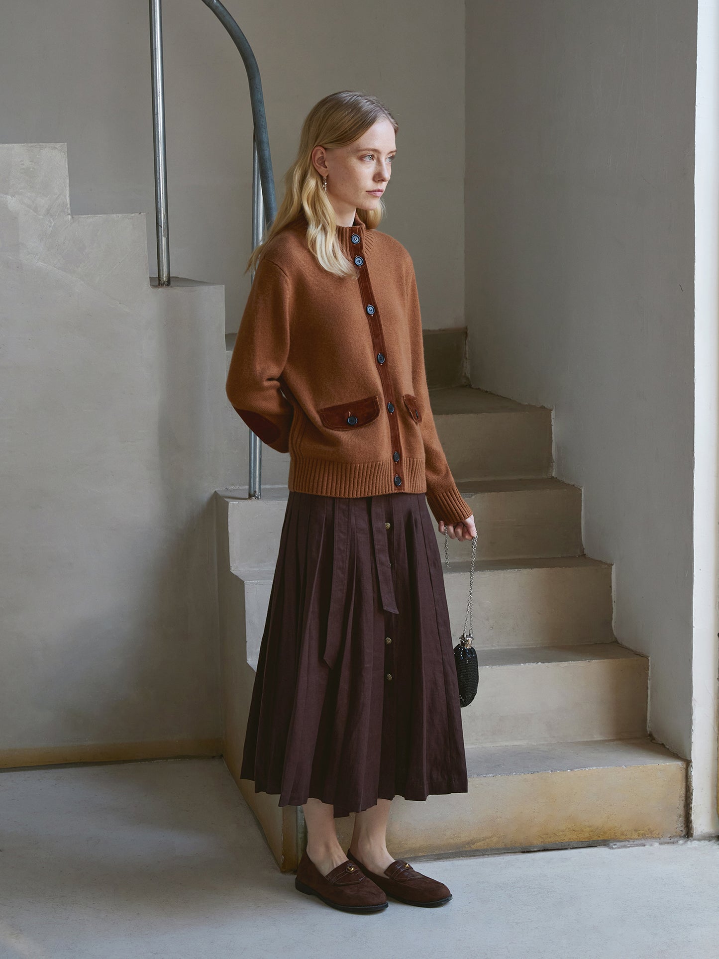 100% Linen Pleated Midi Skirt – High-Waist, Tie-Belt, Button-Front, Caramel Coffee V027