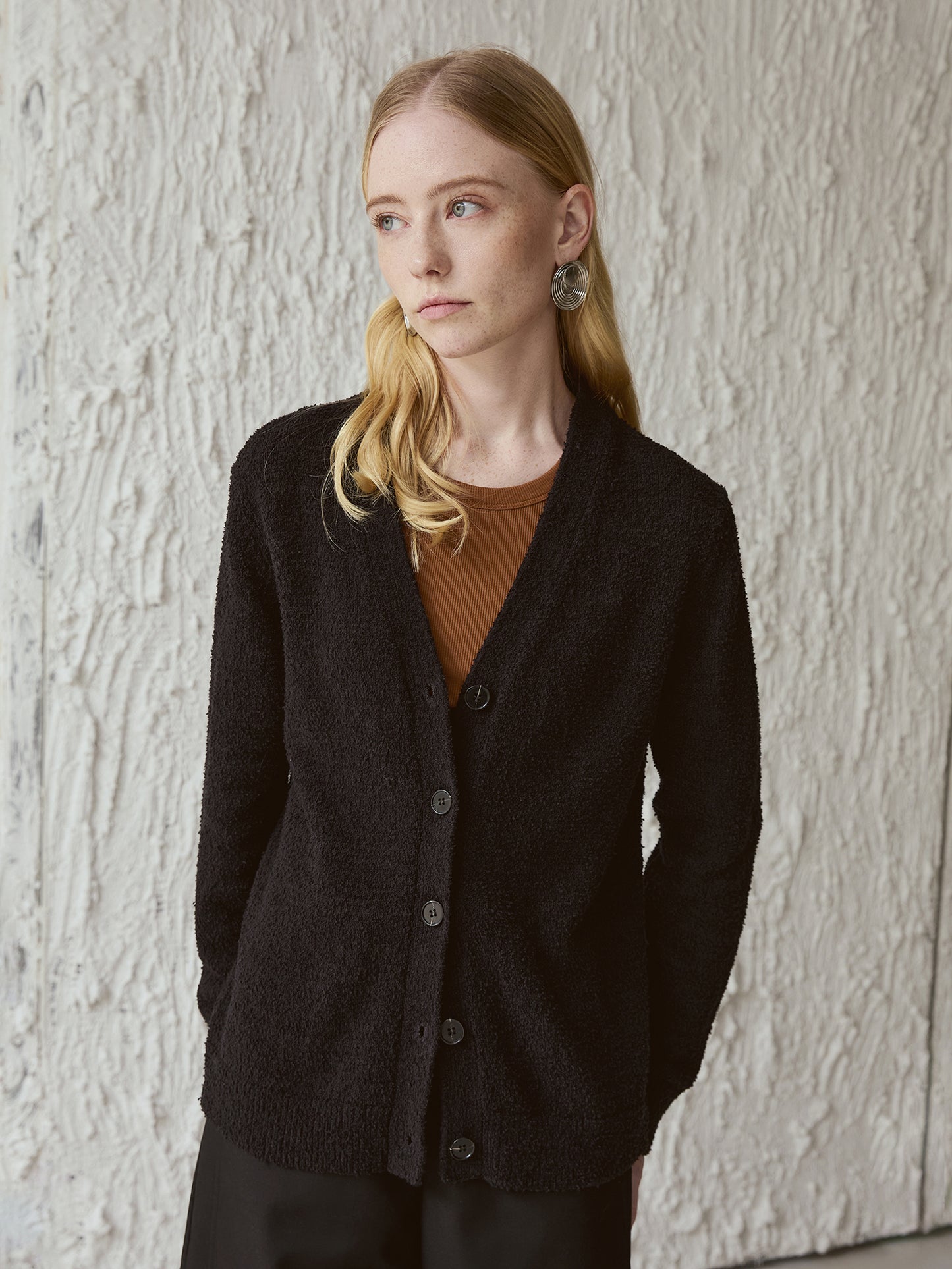 Bouclé Cotton V-Neck Cardigan — Deep Black | 100% Cotton, Cozy Button-Front Knit V023