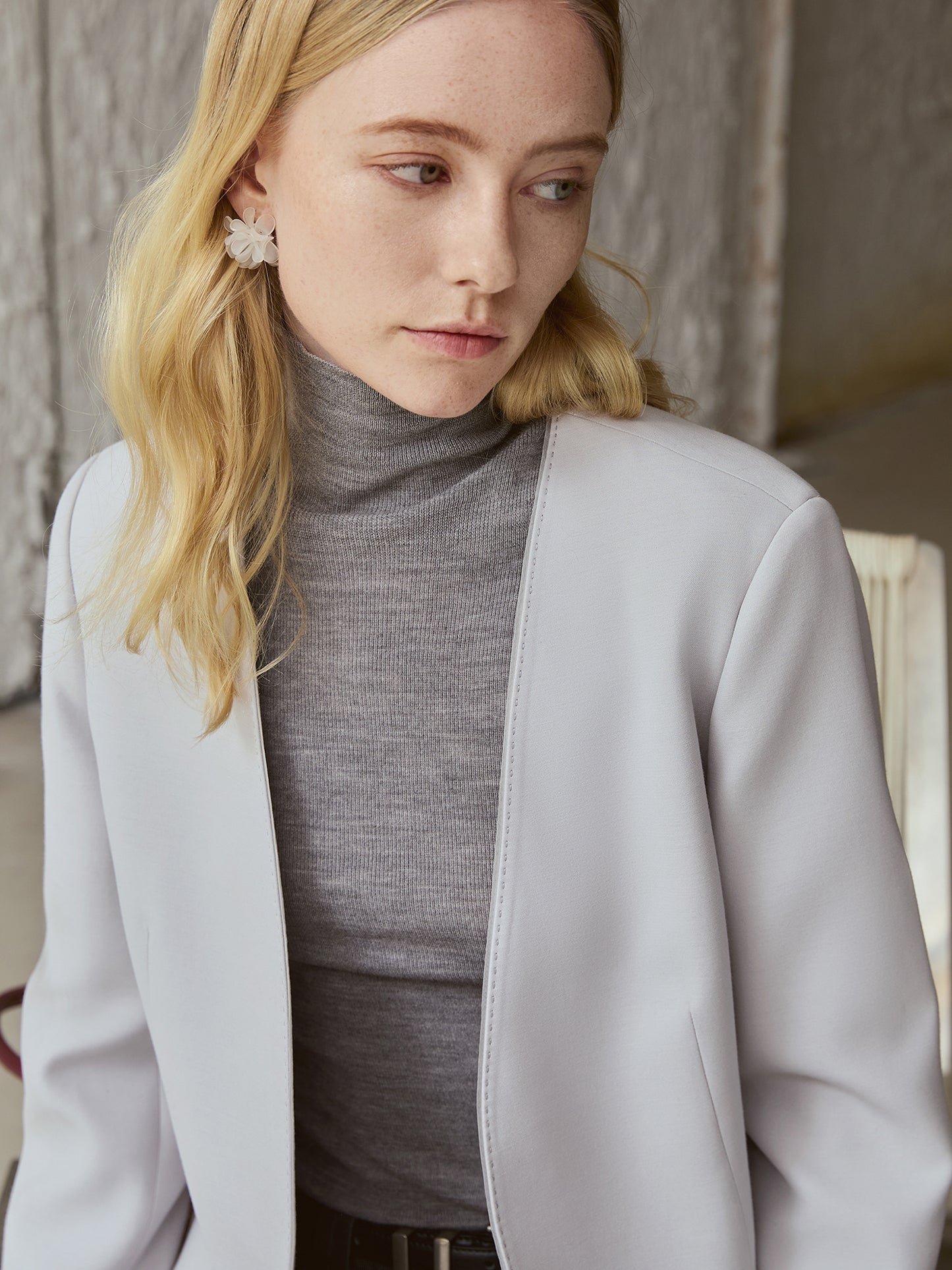 Luxury Silk-Cashmere Blazer – Cutaway Open Front, 100% Silk Facing | Moon-Grey V017