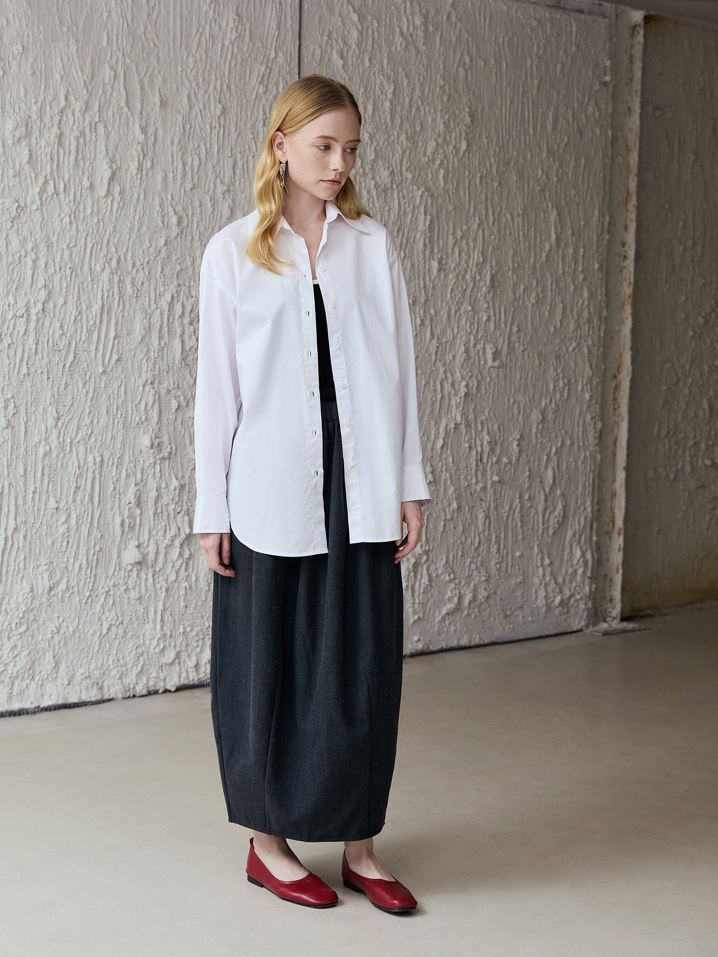 Cotton Oversized Shirt — Long-Point Collar, Curved Hi-Low Hem, Bright White V028