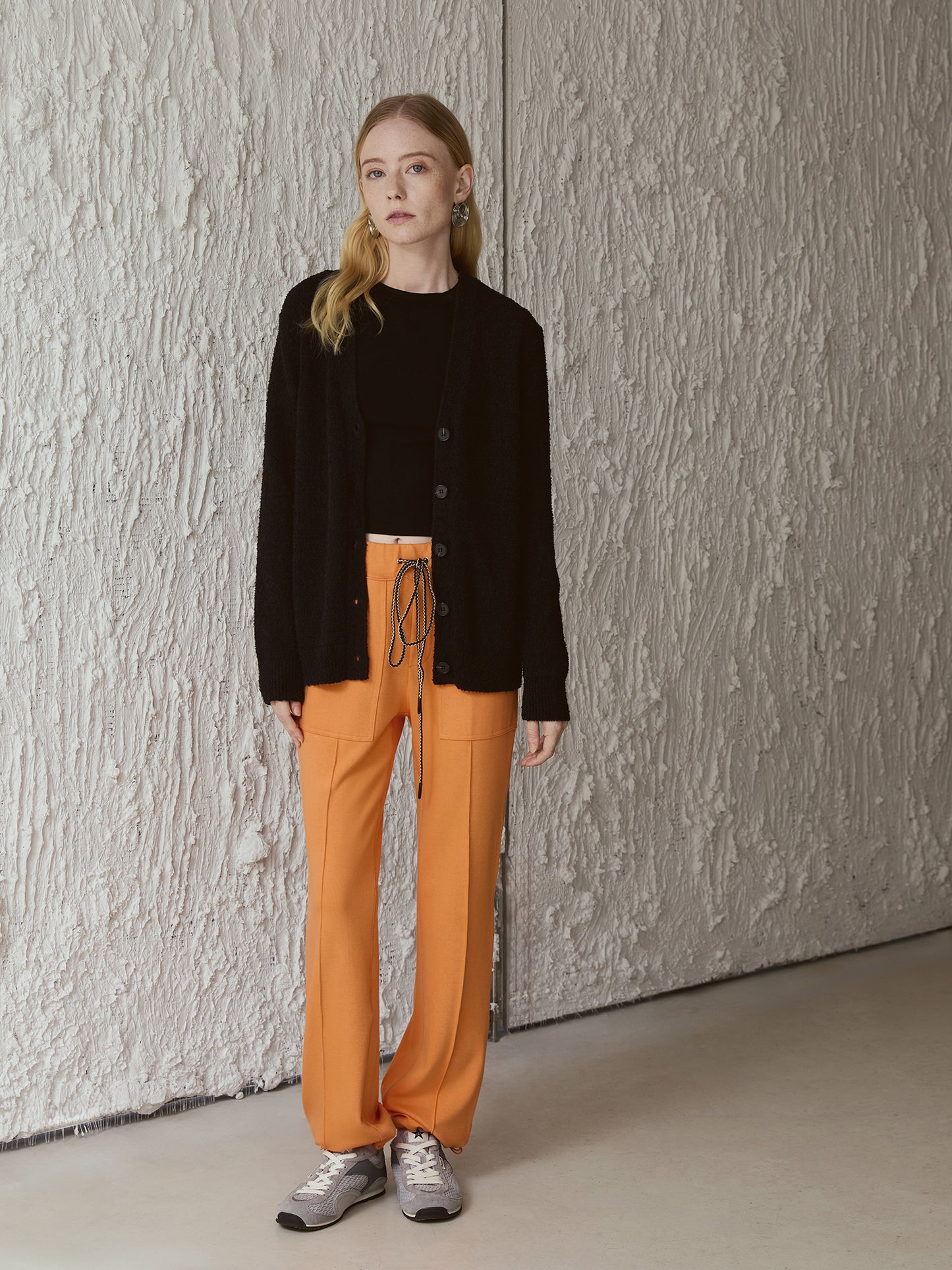 Stretch-Cotton Drawstring Track Pants — High-Waist Straight Leg with Cinch Hems, Sunrise Tangerine V029