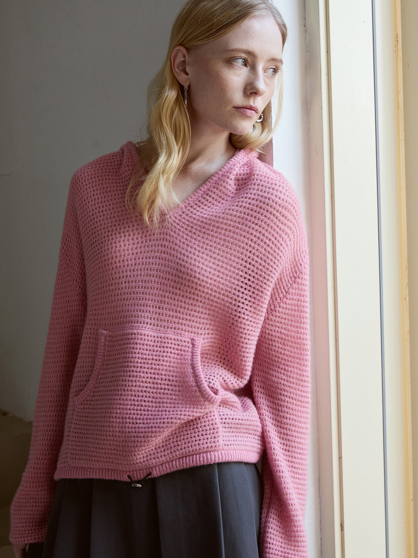 100% Cashmere Waffle-Knit Hooded Sweater – Cherry Blossom Pink, Relaxe V021d Slouch, Drawcord Hem V021