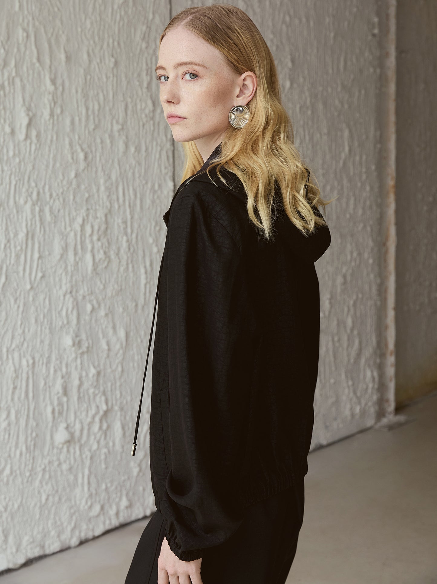 Silk Hooded Jacket — 100% Mulberry Silk, Zip-Up, Smoky Black V024