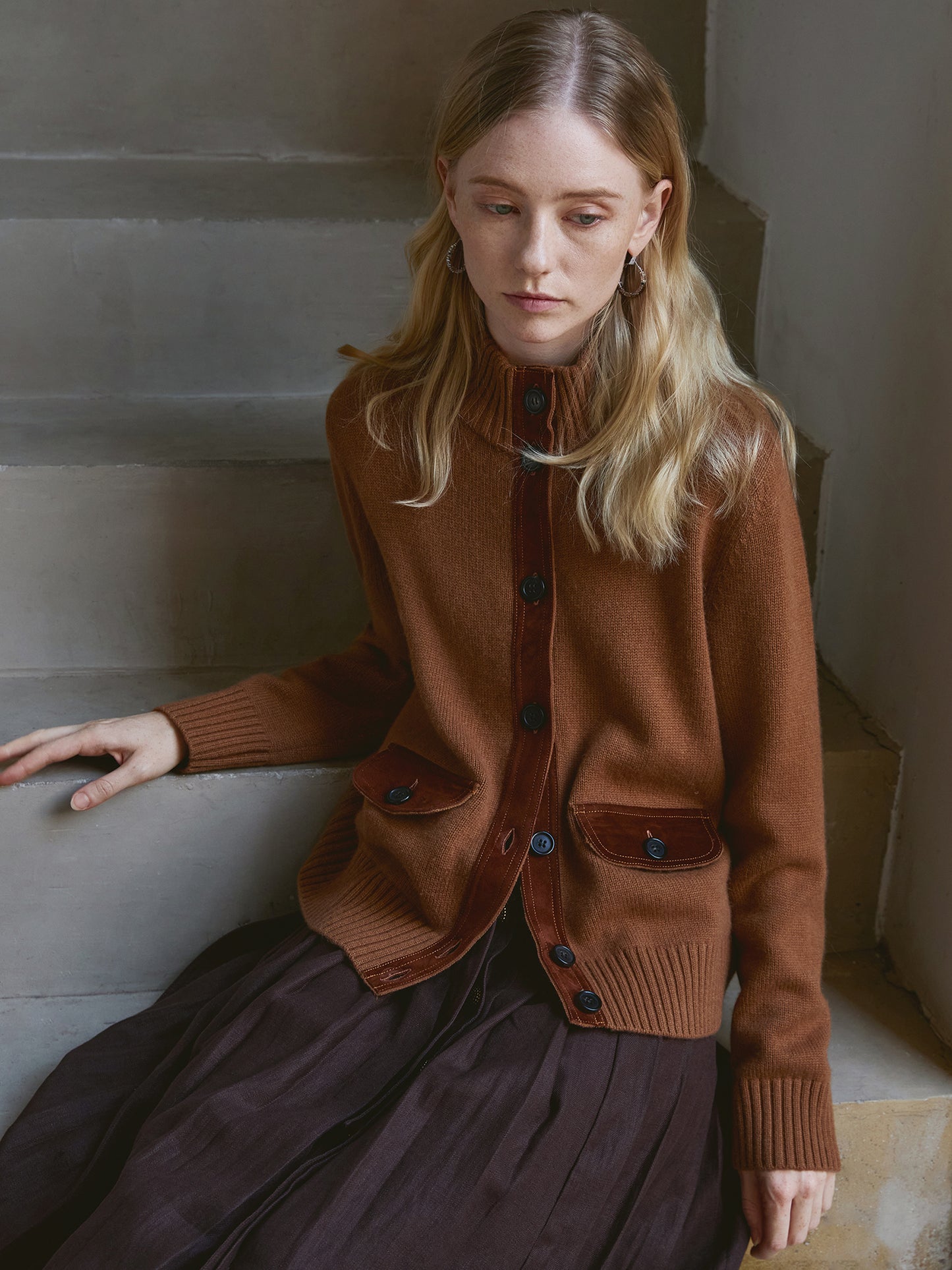 Women’s Wool-Cashmere Cardigan with Suede-Trim Stand Collar – Smoky Chestnut, Patch Pocket, Button Front Knit V020