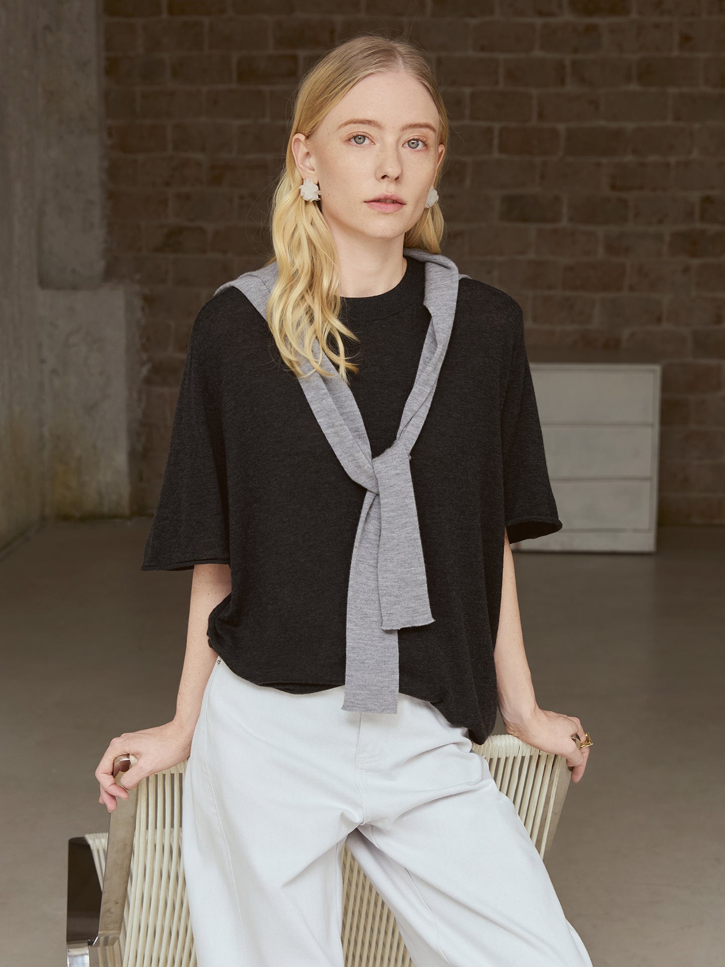 Wool-Blend Boxy Knit Tee – Drop Shoulder, Half Sleeve | Mist Grey V016