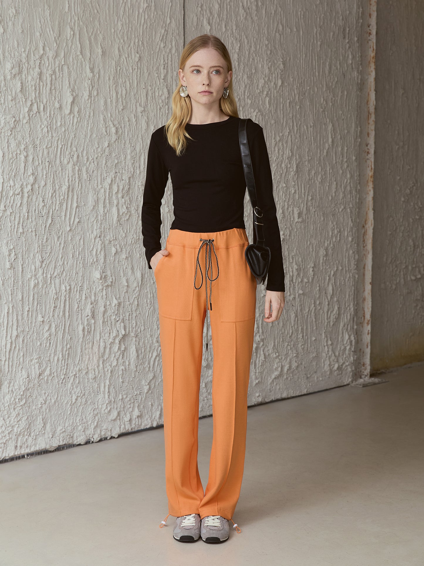 Stretch-Cotton Drawstring Track Pants — High-Waist Straight Leg with Cinch Hems, Sunrise Tangerine V029