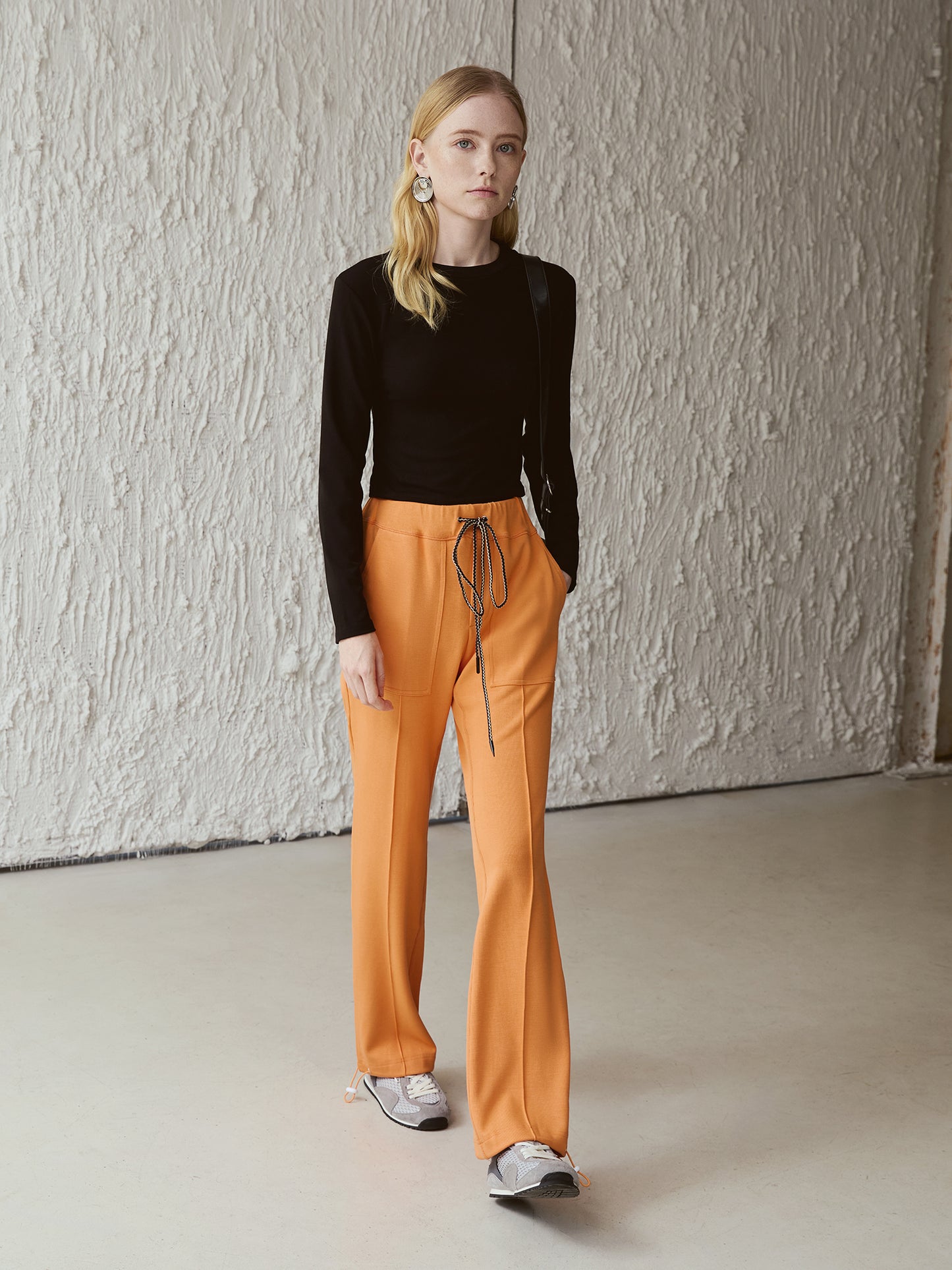 Stretch-Cotton Drawstring Track Pants — High-Waist Straight Leg with Cinch Hems, Sunrise Tangerine V029