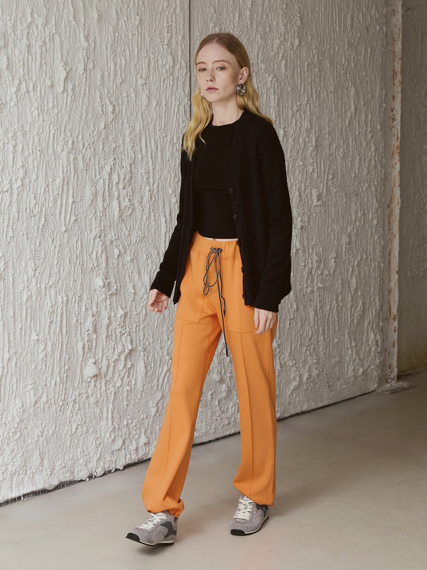 Stretch-Cotton Drawstring Track Pants — High-Waist Straight Leg with Cinch Hems, Sunrise Tangerine V029