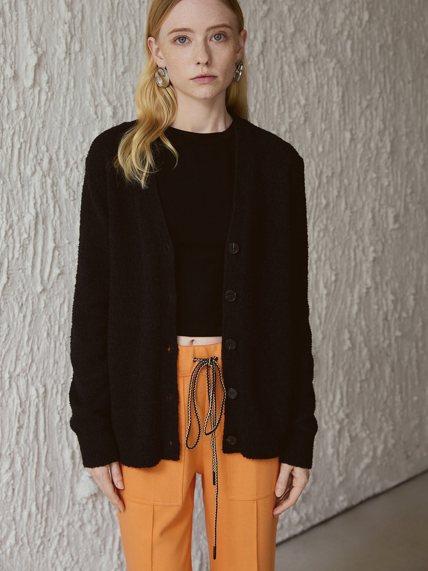 Bouclé Cotton V-Neck Cardigan — Deep Black | 100% Cotton, Cozy Button-Front Knit V023