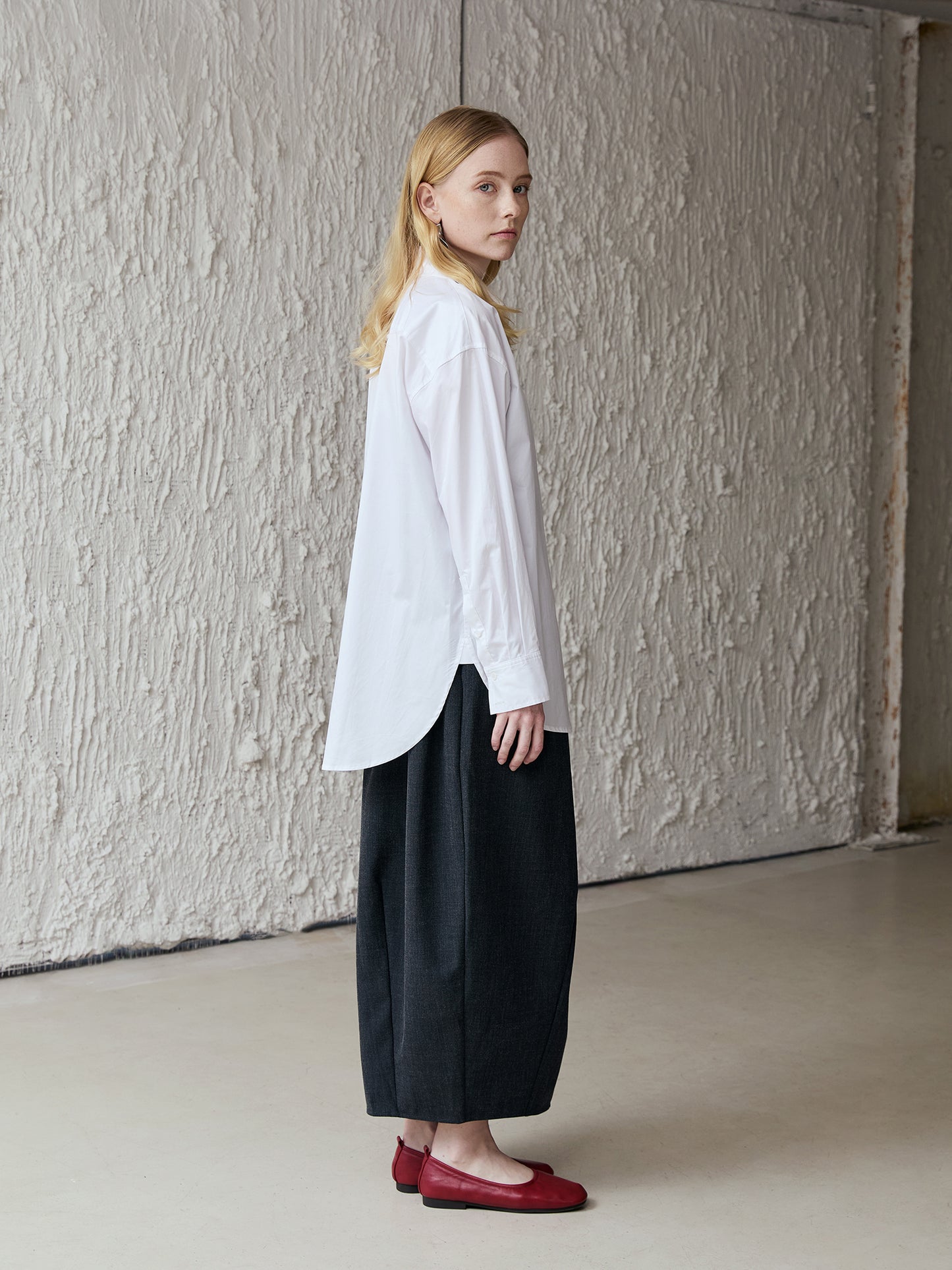 Cotton Oversized Shirt — Long-Point Collar, Curved Hi-Low Hem, Bright White V028