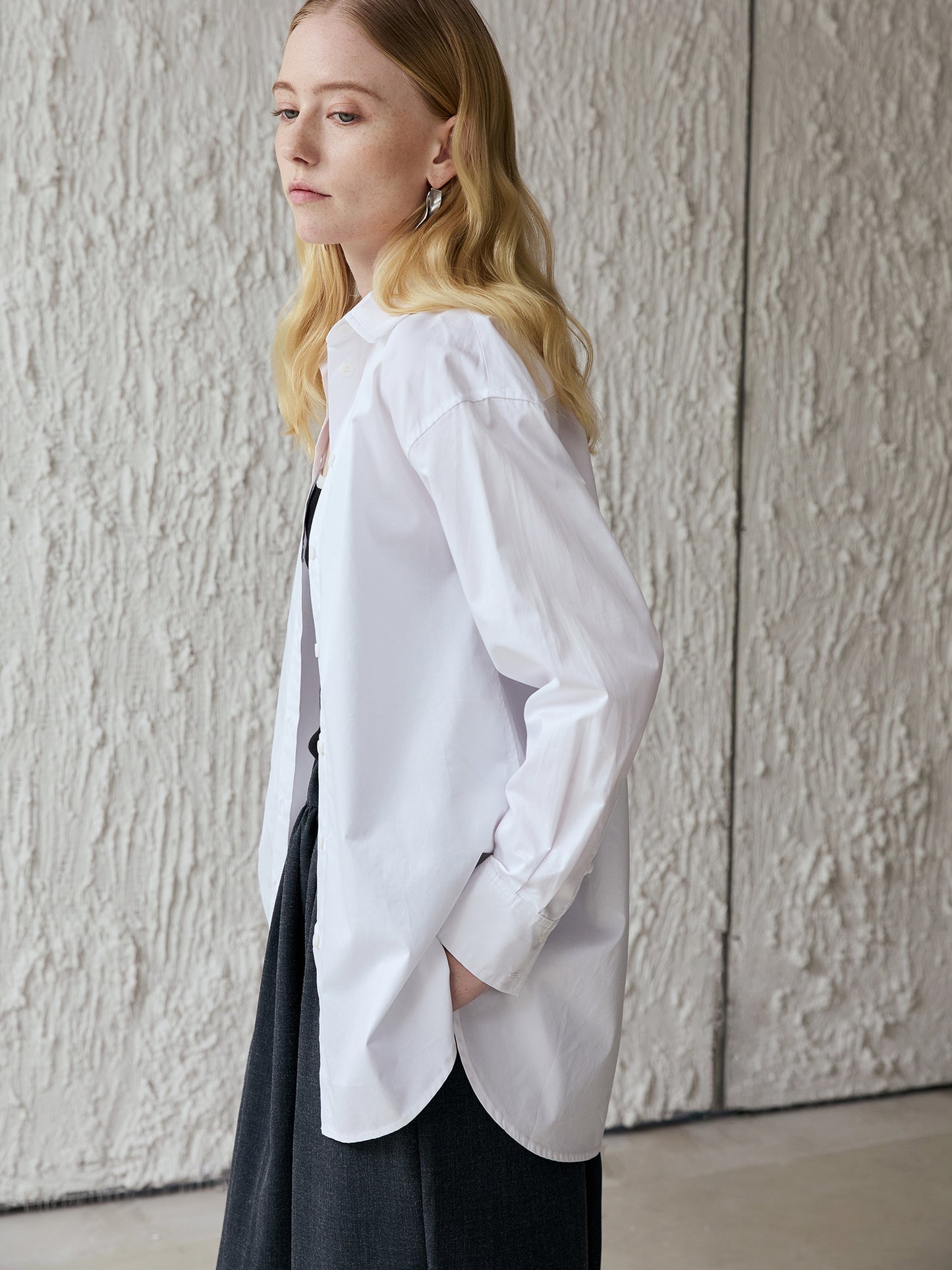 Cotton Oversized Shirt — Long-Point Collar, Curved Hi-Low Hem, Bright White V028