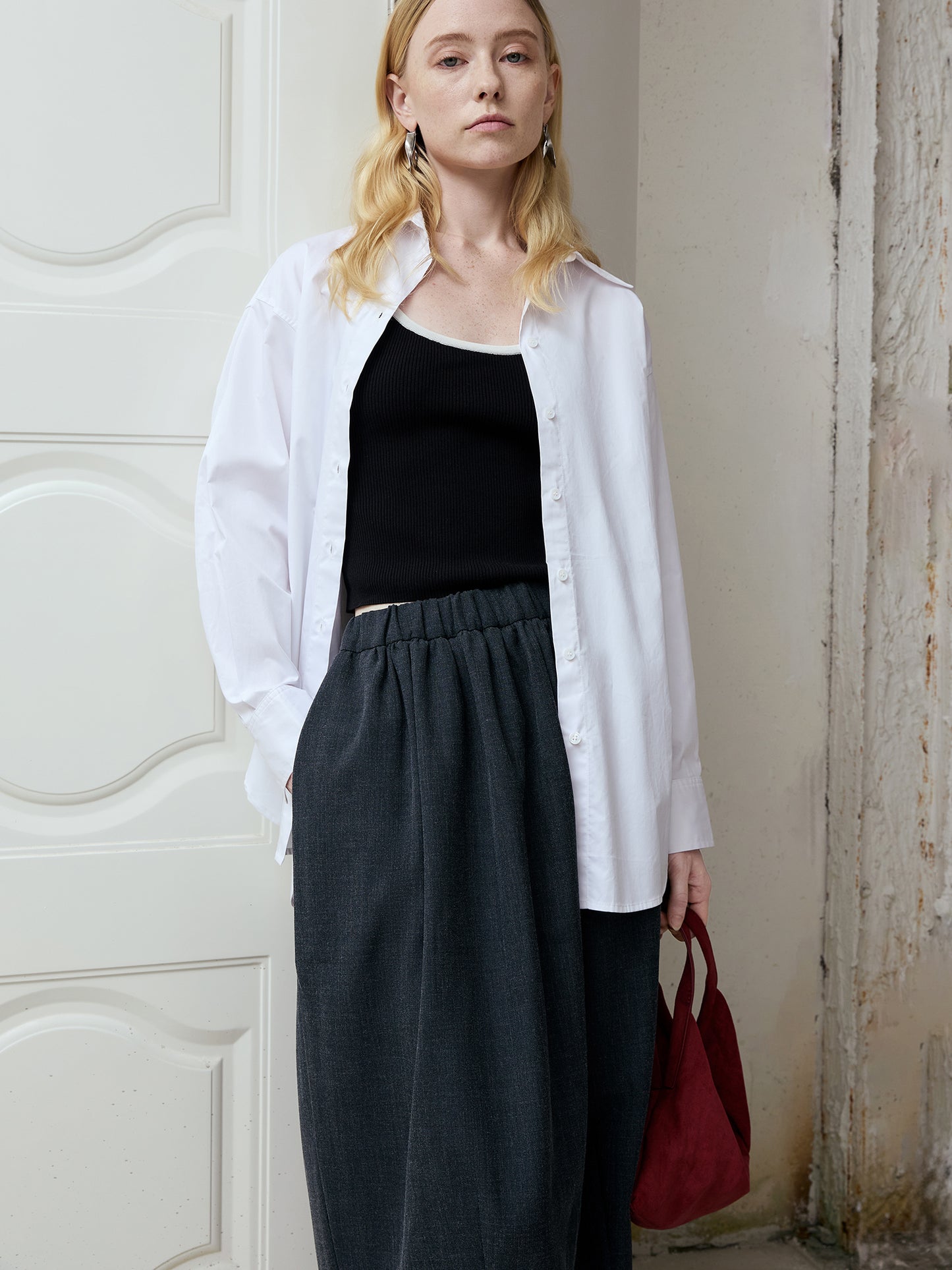 Cotton Oversized Shirt — Long-Point Collar, Curved Hi-Low Hem, Bright White V028