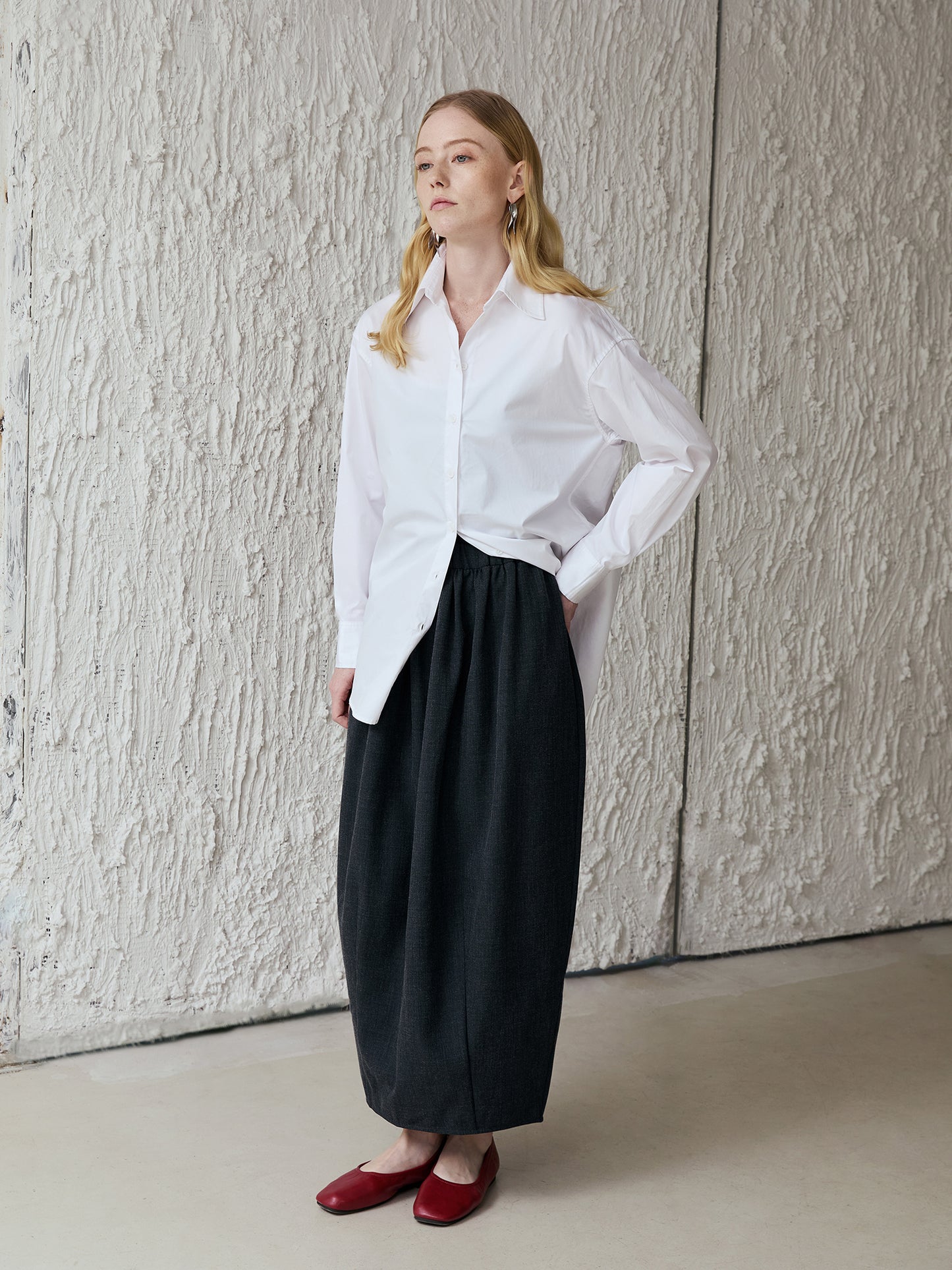 Cotton Oversized Shirt — Long-Point Collar, Curved Hi-Low Hem, Bright White V028