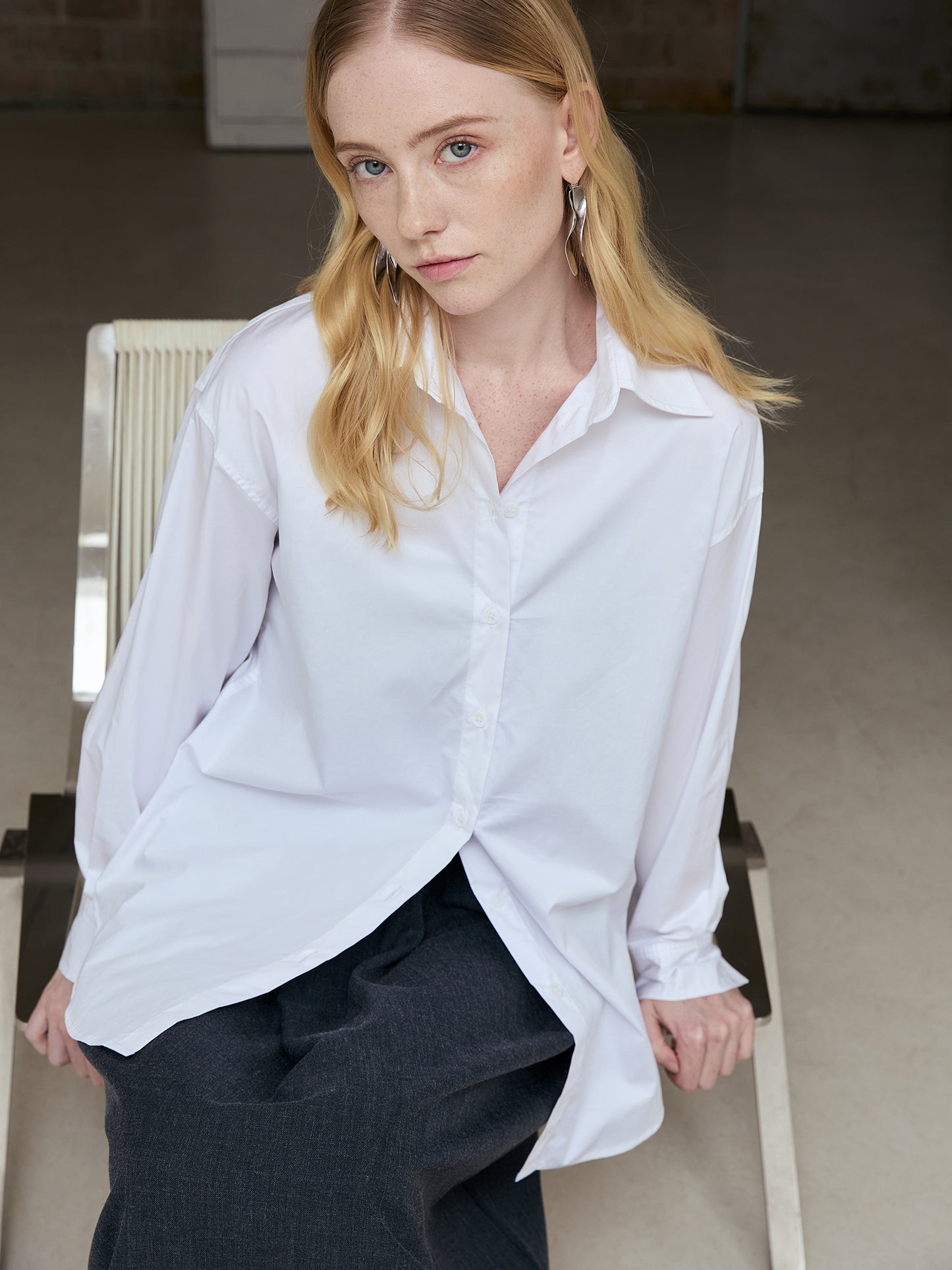 Cotton Oversized Shirt — Long-Point Collar, Curved Hi-Low Hem, Bright White V028