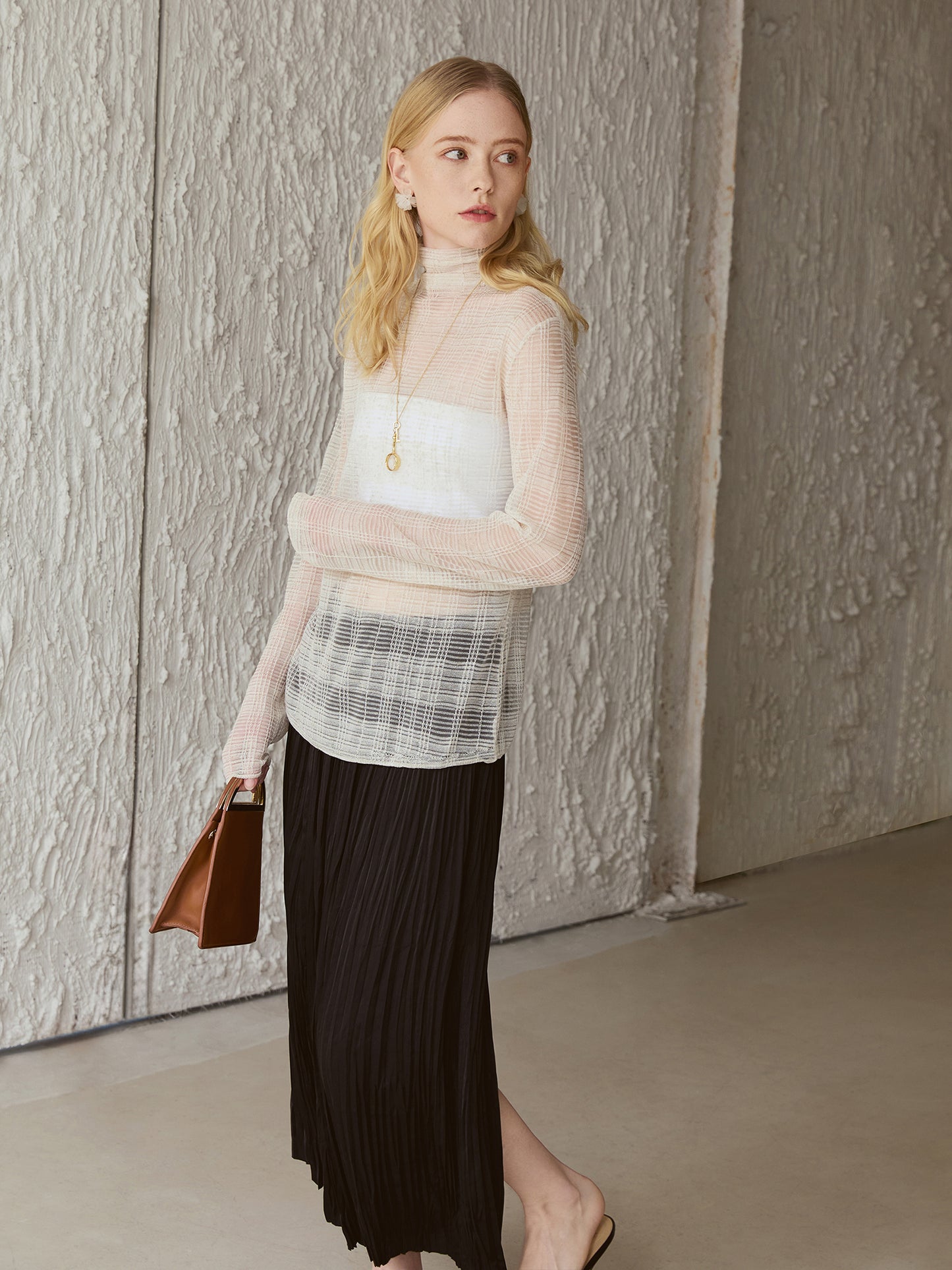 Crinkle Pleated Midi Skirt – High-Waist, Double-Layer, Paper-Crush Texture, Night Black V026