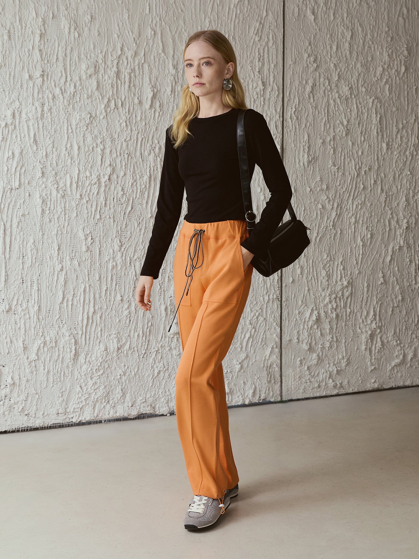 Stretch-Cotton Drawstring Track Pants — High-Waist Straight Leg with Cinch Hems, Sunrise Tangerine V029