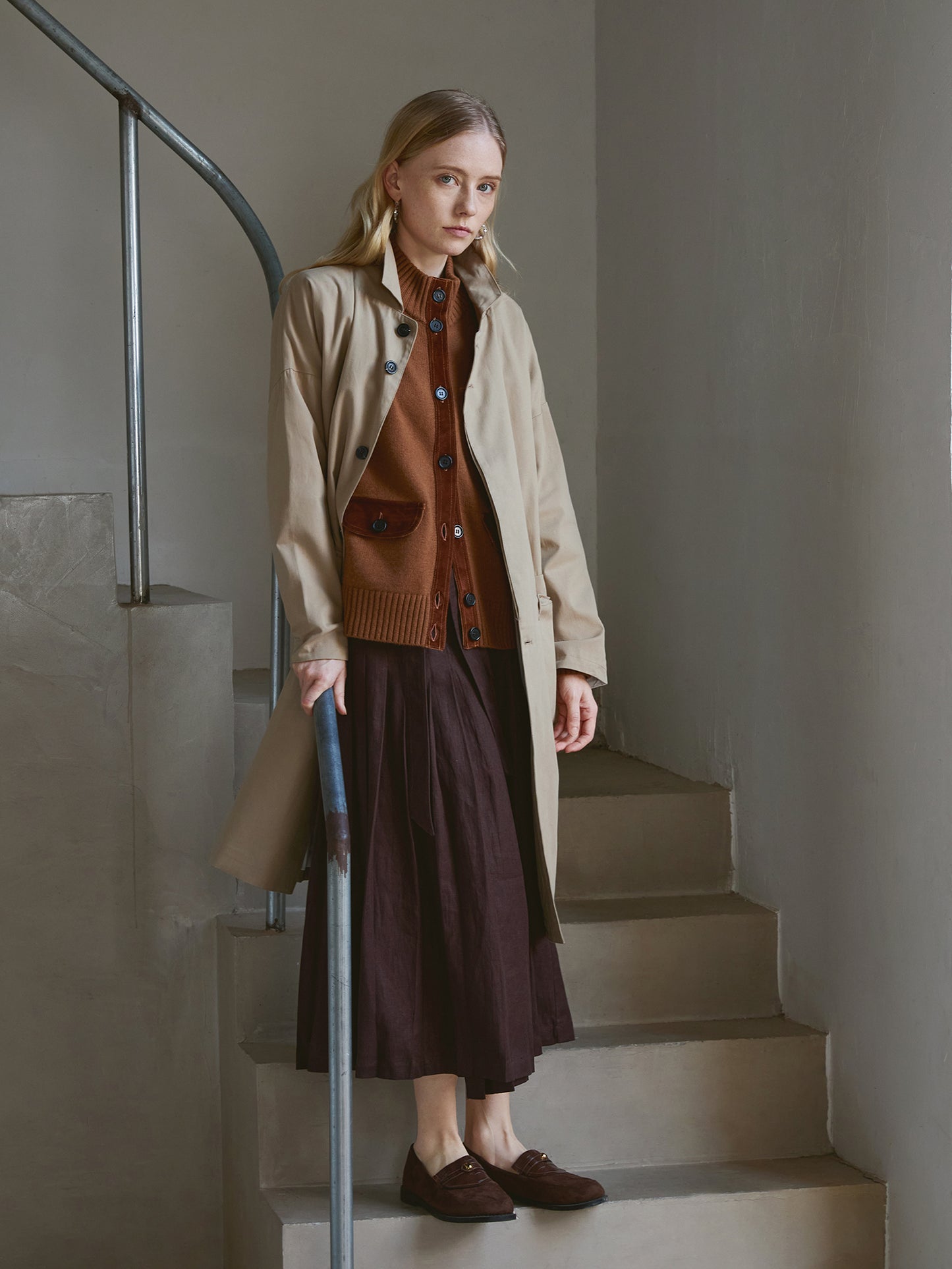 100% Linen Pleated Midi Skirt – High-Waist, Tie-Belt, Button-Front, Caramel Coffee V027