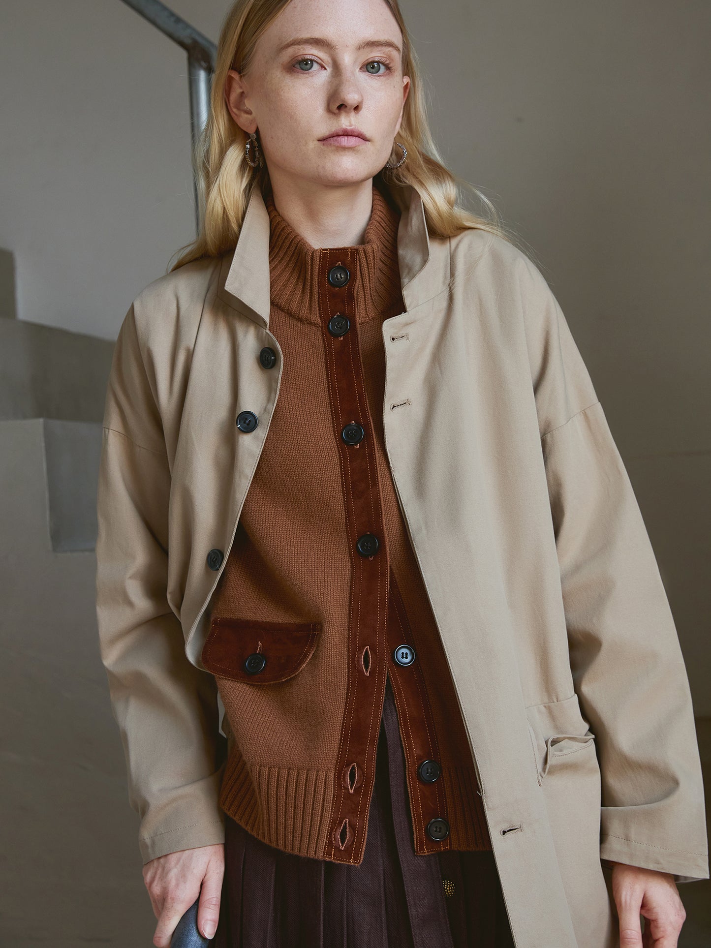 Women’s Wool-Cashmere Cardigan with Suede-Trim Stand Collar – Smoky Chestnut, Patch Pocket, Button Front Knit V020