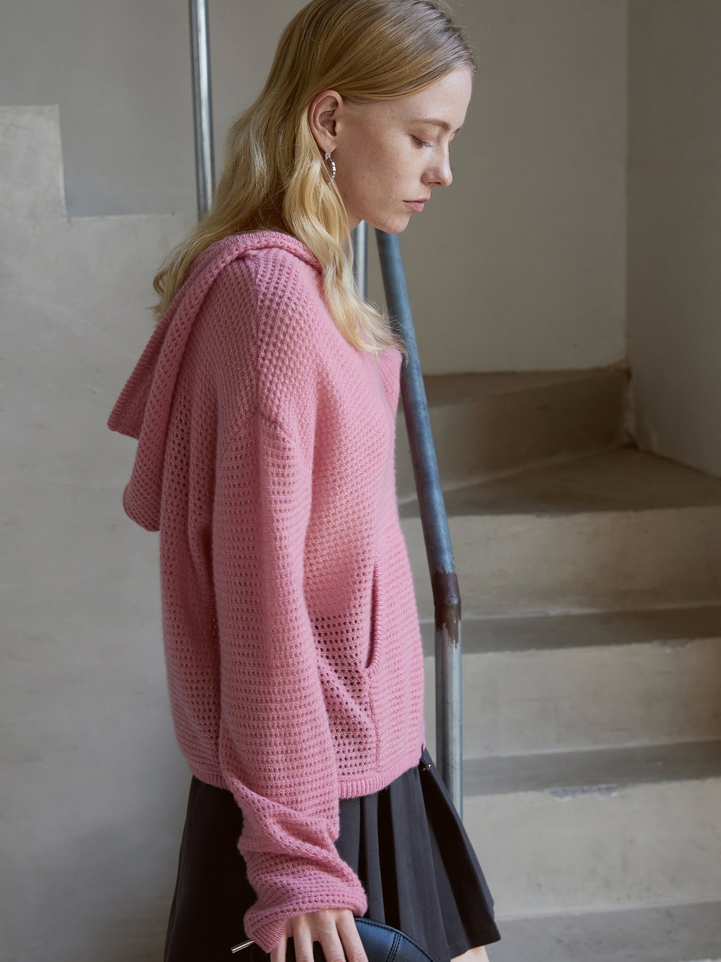 100% Cashmere Waffle-Knit Hooded Sweater – Cherry Blossom Pink, Relaxe V021d Slouch, Drawcord Hem V021