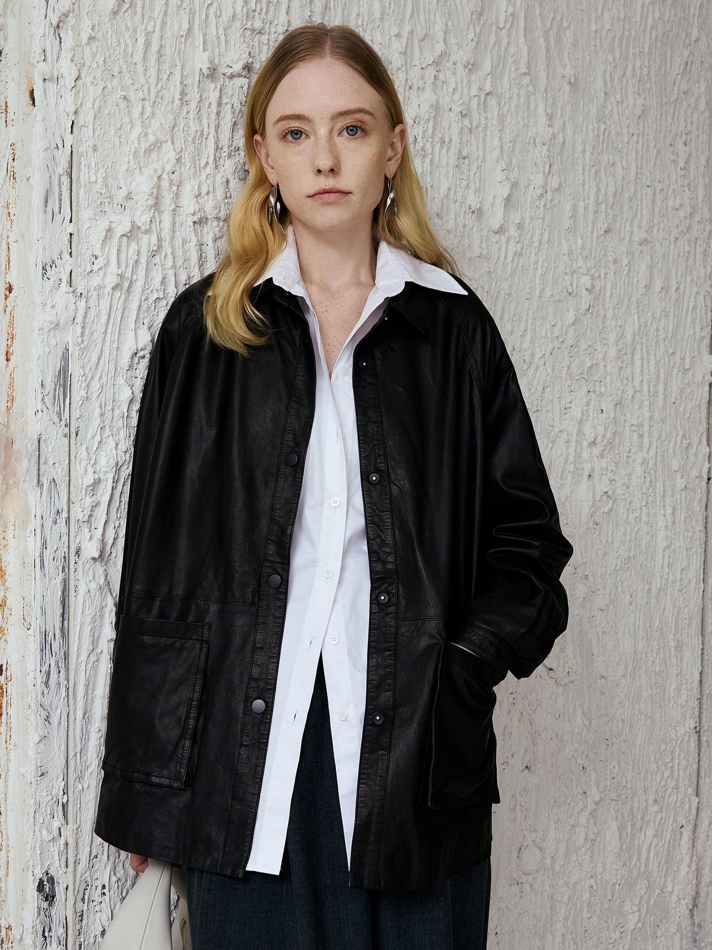 Cotton Oversized Shirt — Long-Point Collar, Curved Hi-Low Hem, Bright White V028