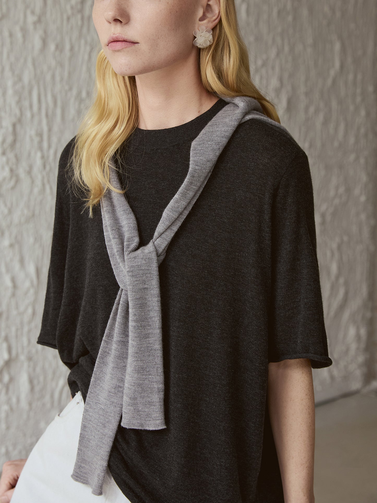 Wool-Blend Boxy Knit Tee – Drop Shoulder, Half Sleeve | Mist Grey V016