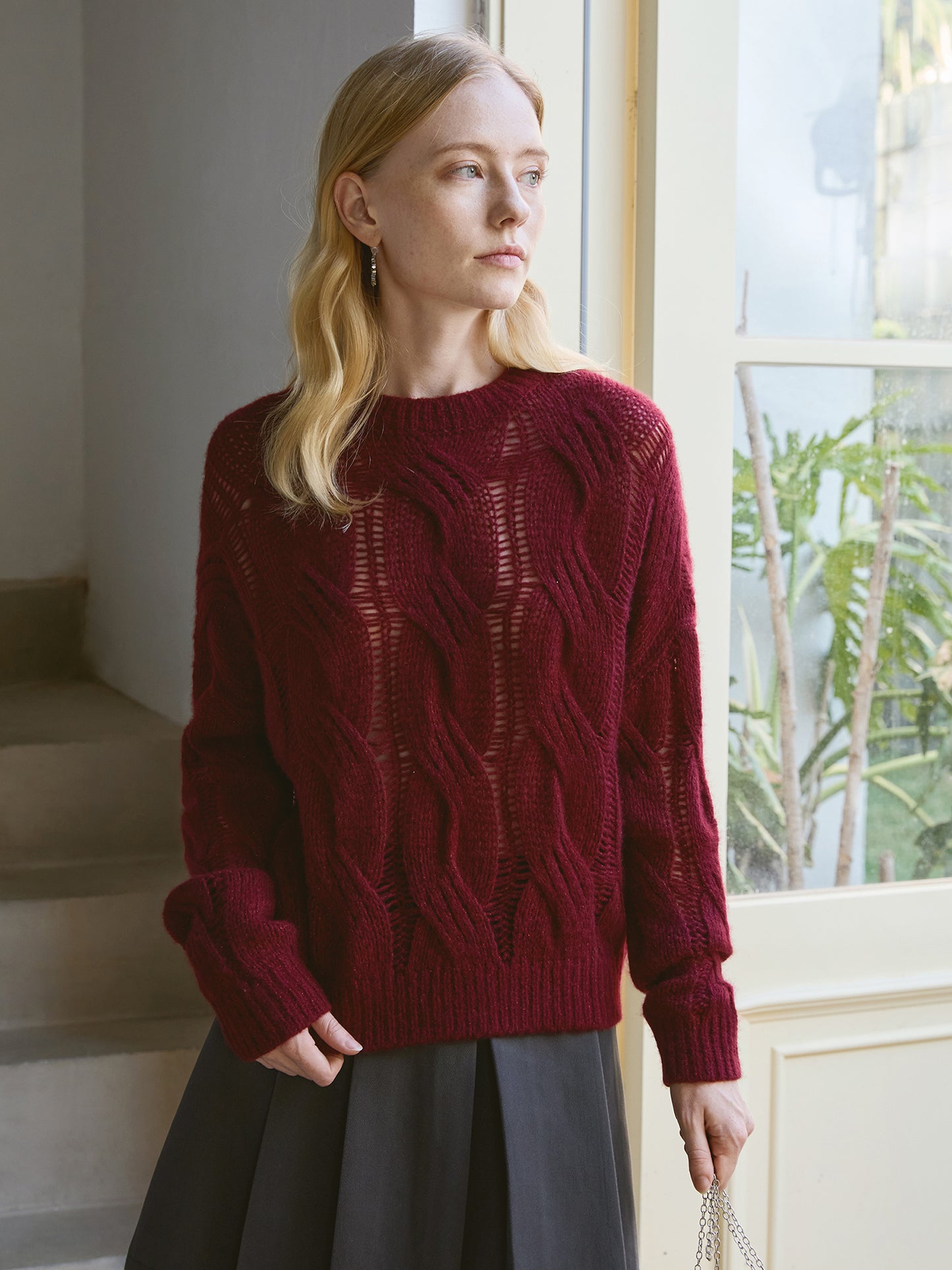 Cashmere–Silk Chunky Cable Jumper – Slouchy Vintage Texture, Wine Red V018