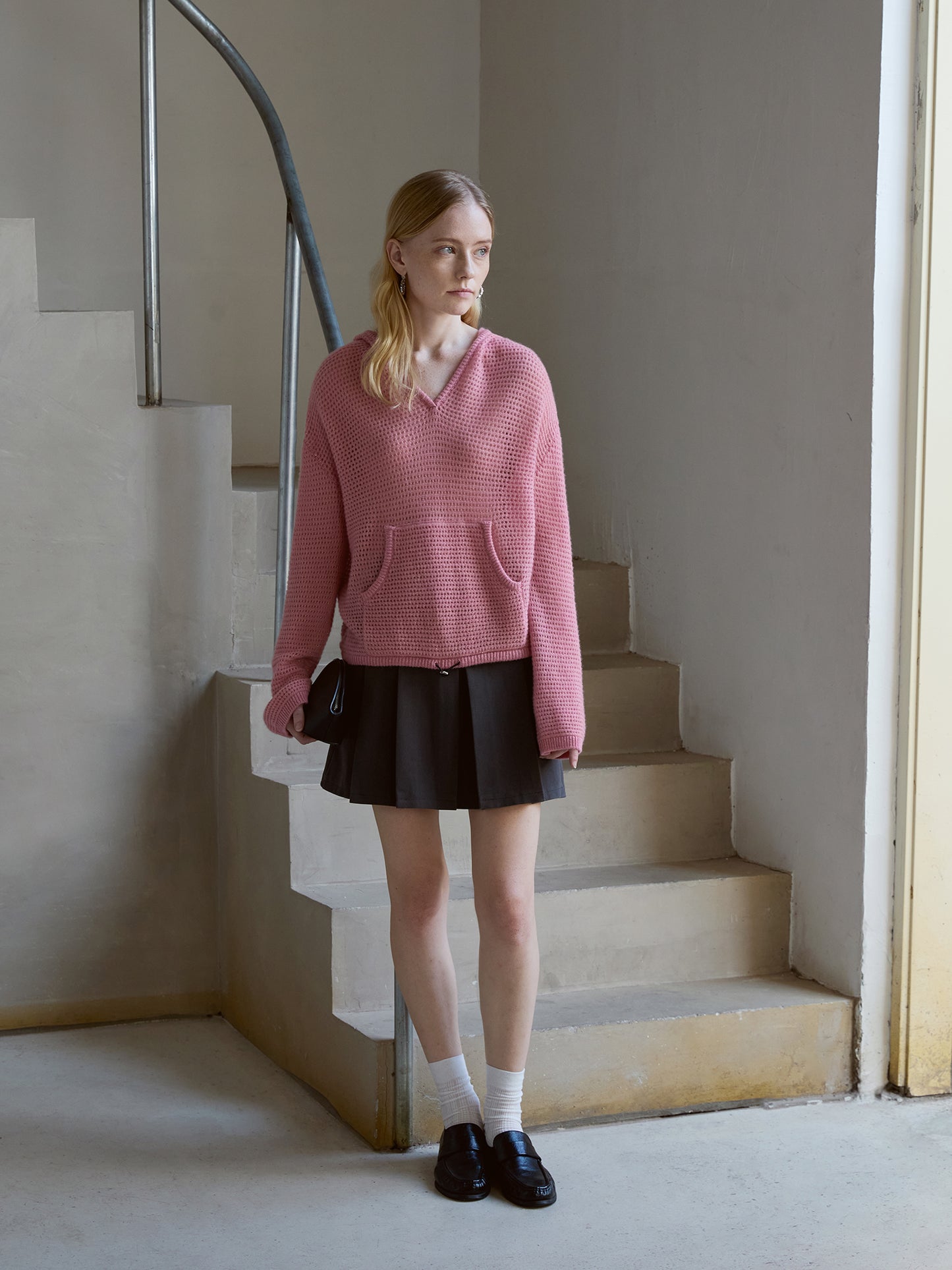 100% Cashmere Waffle-Knit Hooded Sweater – Cherry Blossom Pink, Relaxe V021d Slouch, Drawcord Hem V021