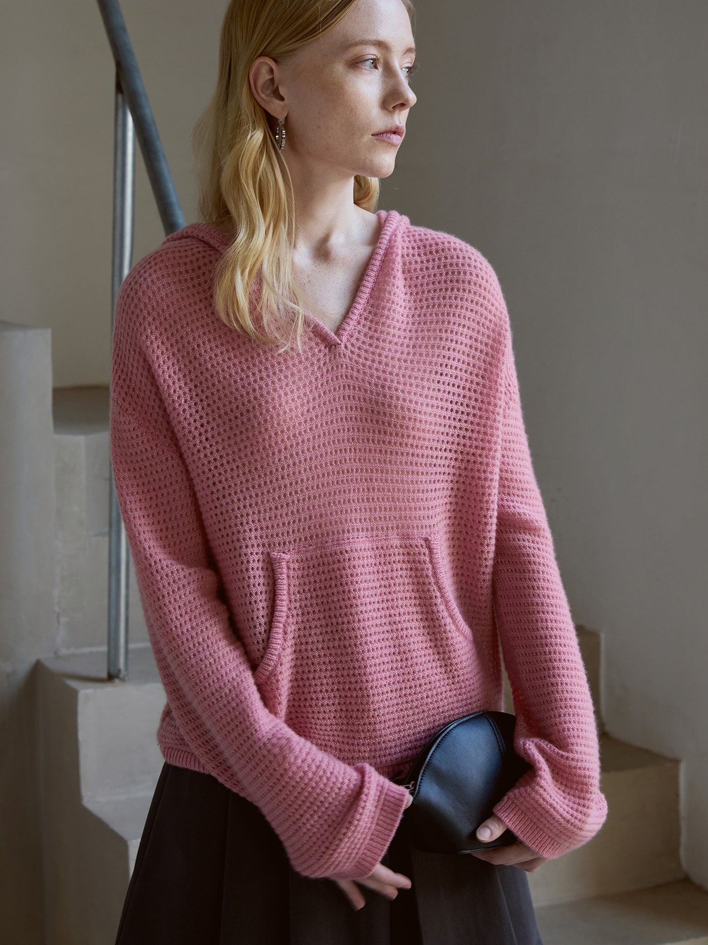 100% Cashmere Waffle-Knit Hooded Sweater – Cherry Blossom Pink, Relaxe V021d Slouch, Drawcord Hem V021