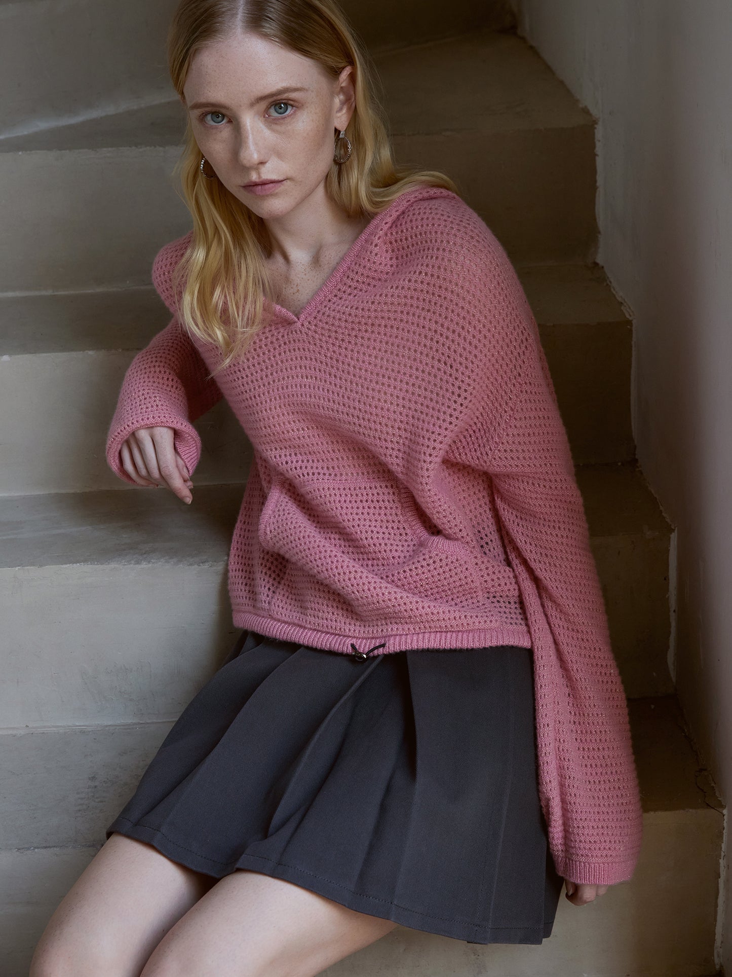 100% Cashmere Waffle-Knit Hooded Sweater – Cherry Blossom Pink, Relaxe V021d Slouch, Drawcord Hem V021