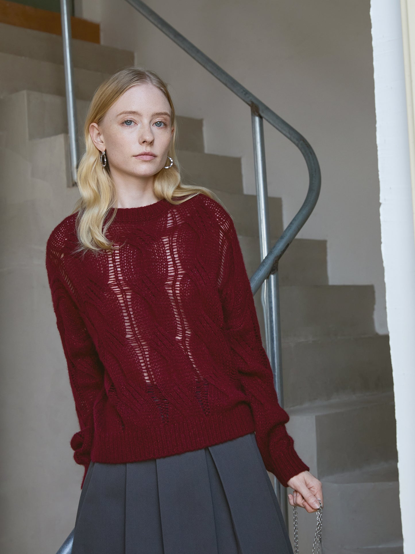 Cashmere–Silk Chunky Cable Jumper – Slouchy Vintage Texture, Wine Red V018