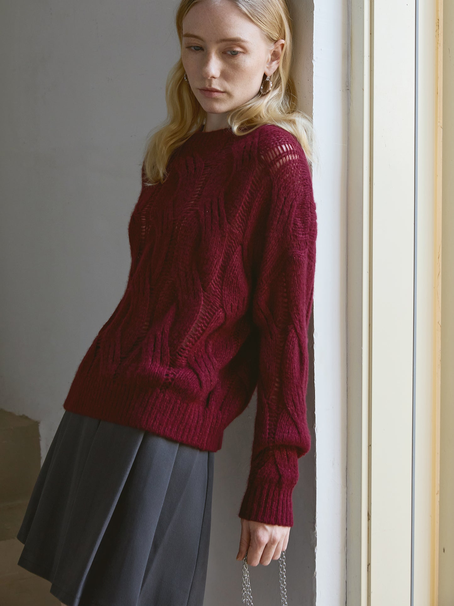 Cashmere–Silk Chunky Cable Jumper – Slouchy Vintage Texture, Wine Red V018
