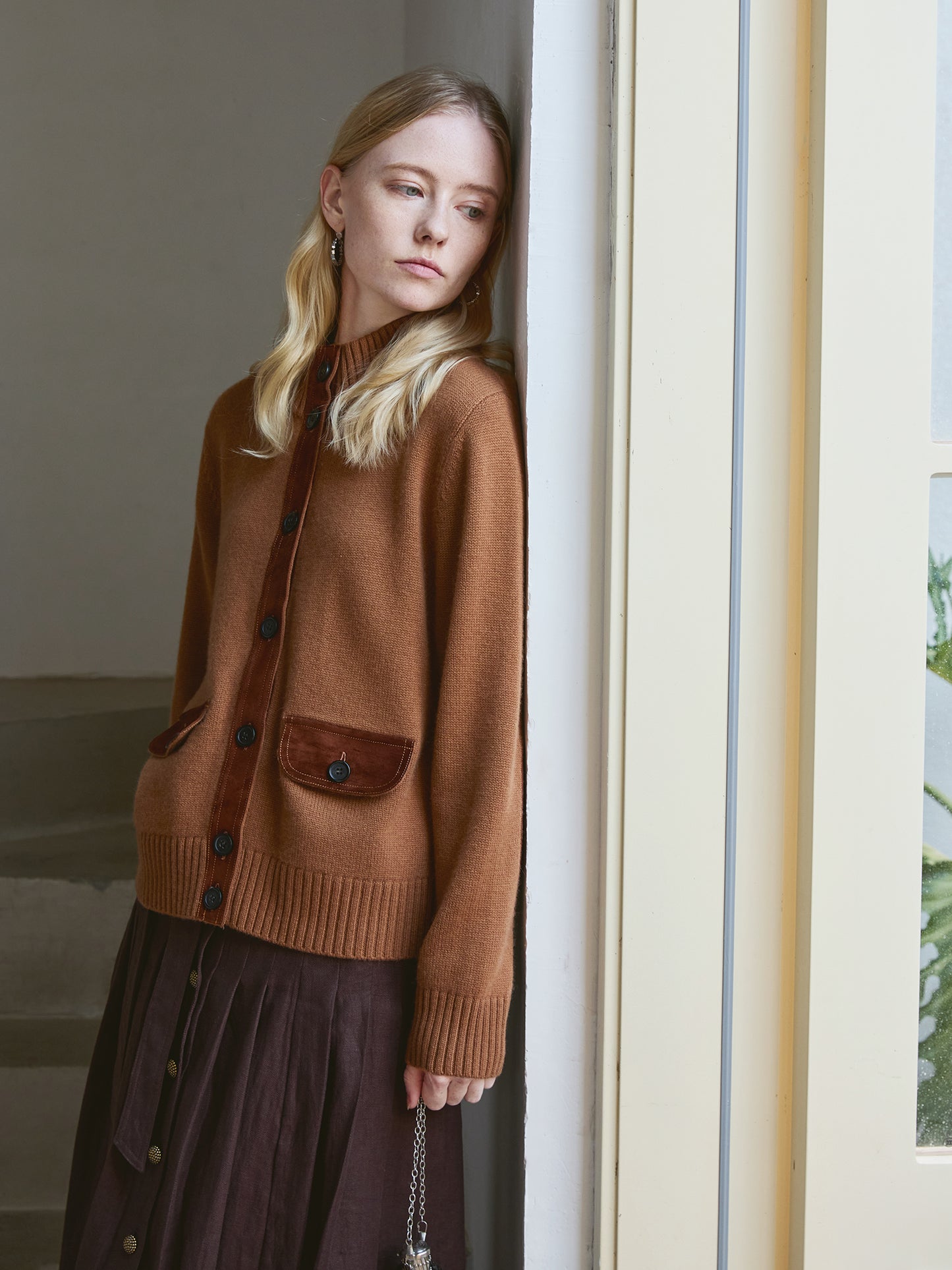 Women’s Wool-Cashmere Cardigan with Suede-Trim Stand Collar – Smoky Chestnut, Patch Pocket, Button Front Knit V020