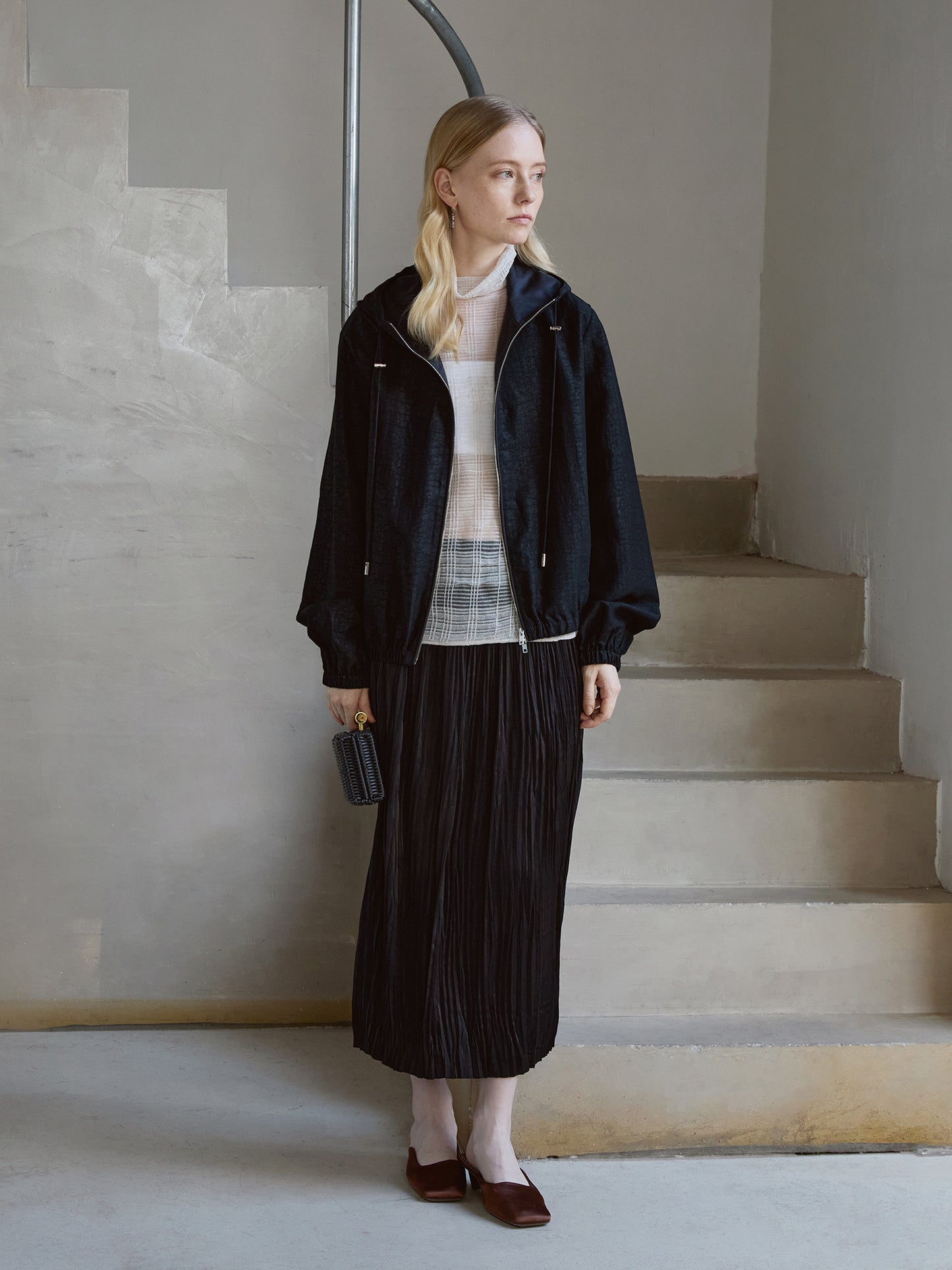 Silk Hooded Jacket — 100% Mulberry Silk, Zip-Up, Smoky Black V024