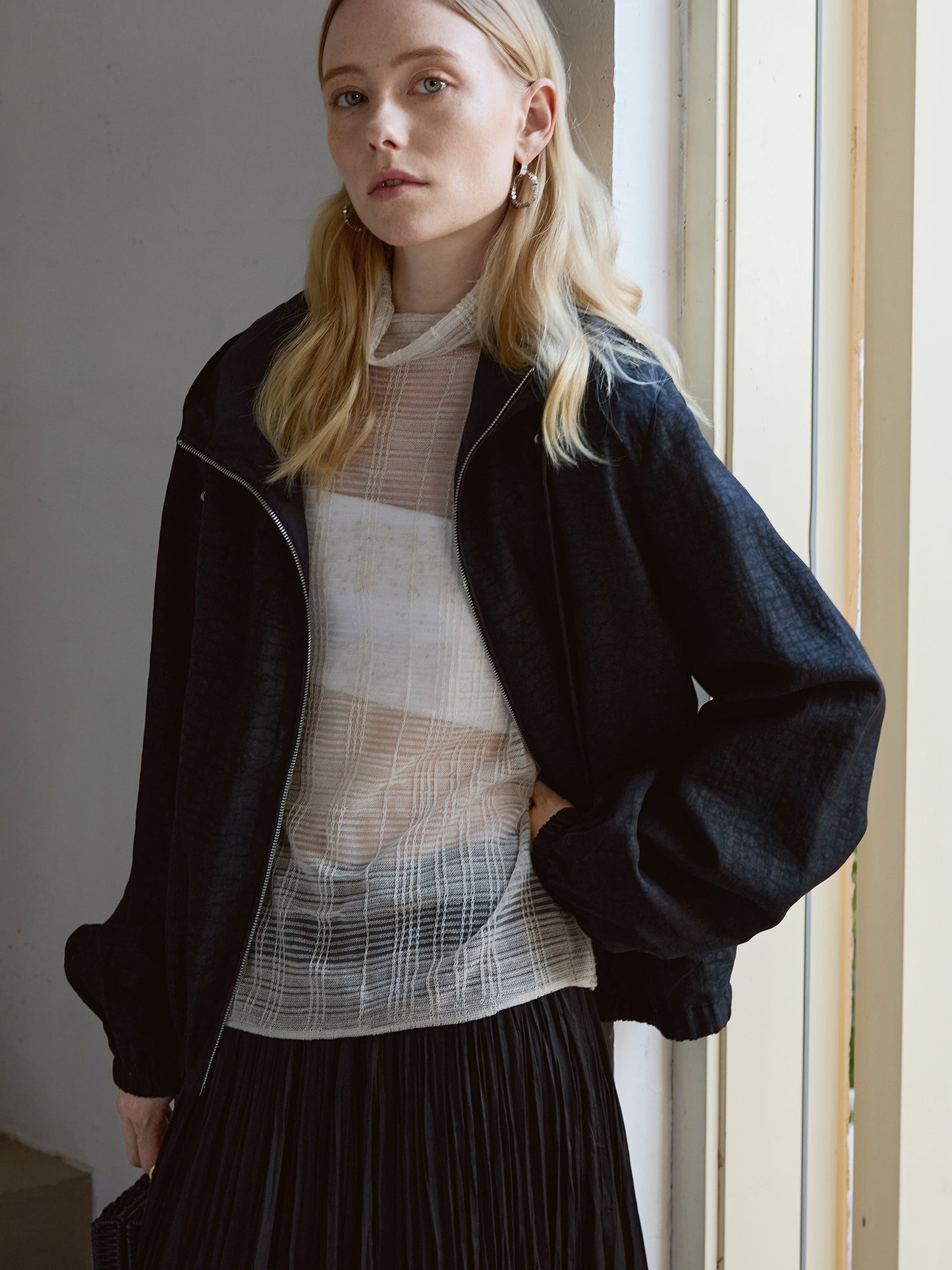 Silk Hooded Jacket — 100% Mulberry Silk, Zip-Up, Smoky Black V024